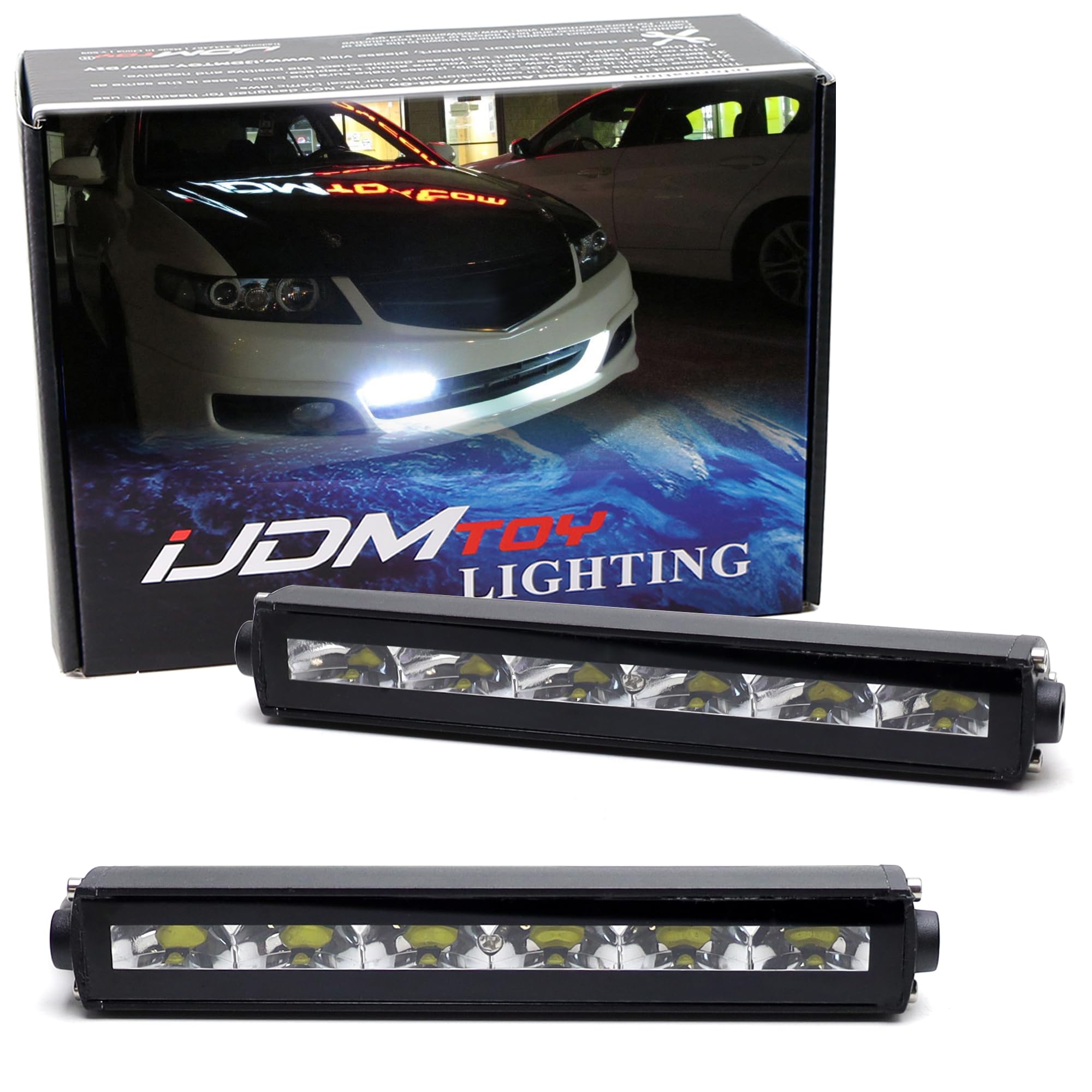 iJDMTOY 7-Inch Universal Fit Clear Lens Xenon White High Power LED Daytime Running Light Bar (DRL) With Brackets, Wirings