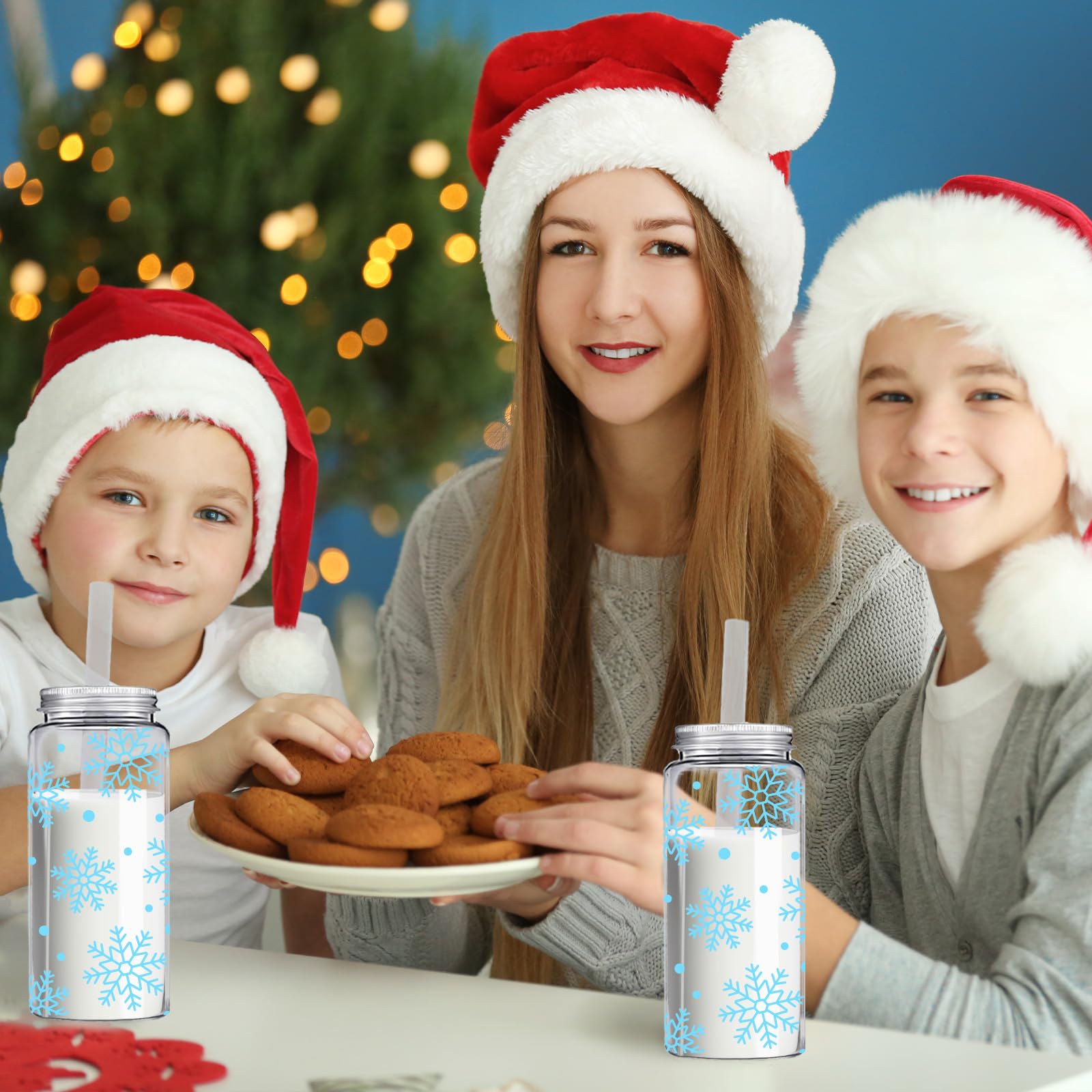Whaline 20 bicchieri di plastica con fiocco di neve blu invernale con coperchi e cannucce, riutilizzabili, per feste di Natale, forniture per feste di Natale