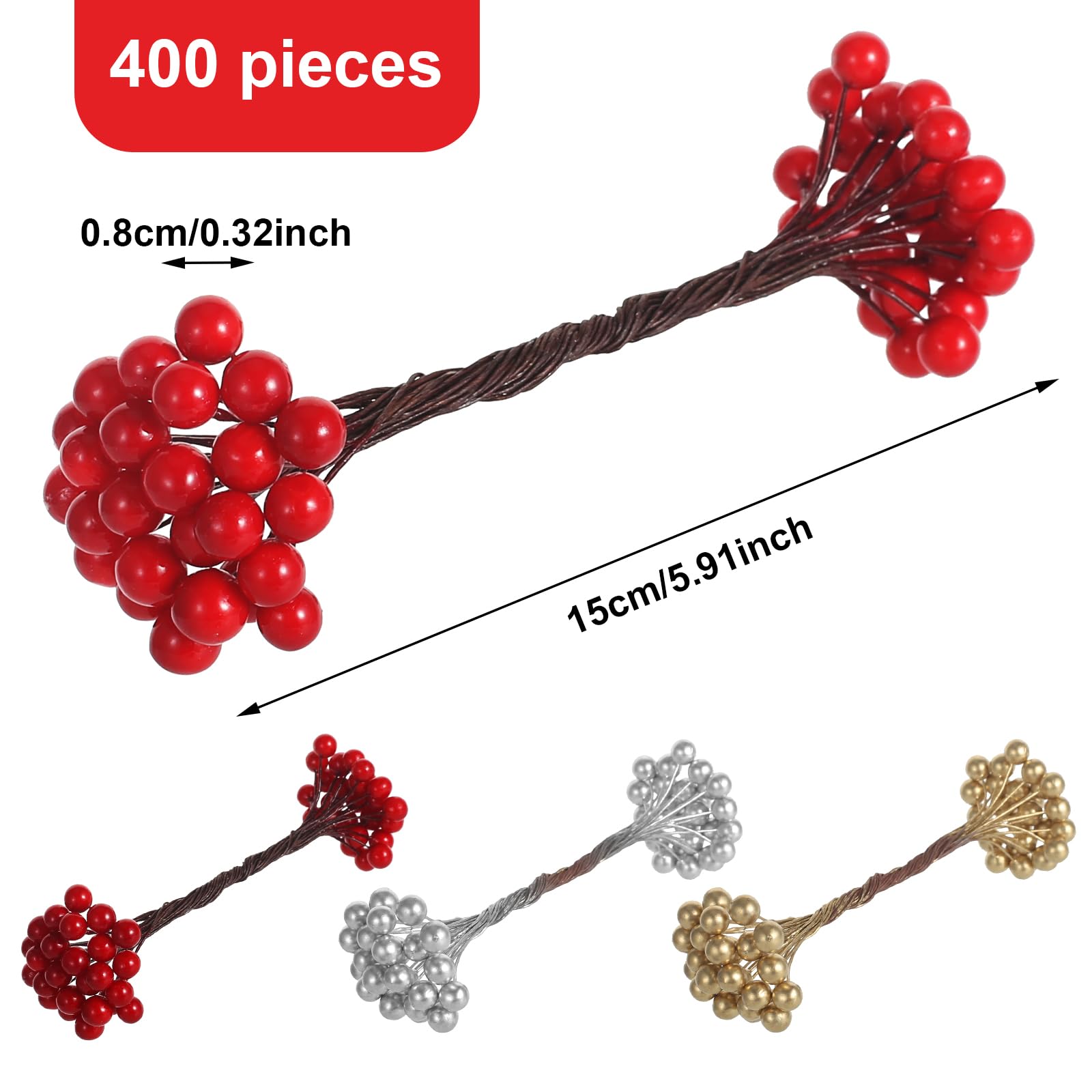 400 Pieces Artificial Holly Berries Christmas Fake Berries on 200 Pieces Wire Stems for Christmas Tree Decorations Craft Flower Wreath DIY Supplies (Wine Red,Red,Gold,Silver)