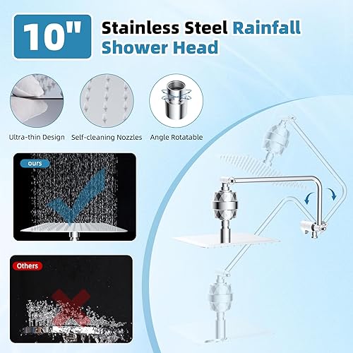 Miniatura 3 de Cabezal de ducha filtrado, todo de metal, 10 pulgadas de alto, 10 pulverizadores, cabezal de ducha de manolluvia con filtro de ducha de 20 etapas,