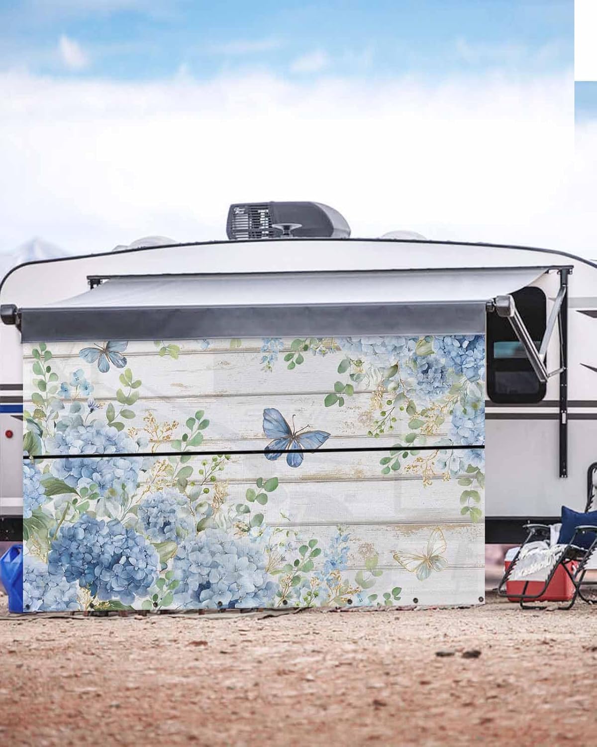 Blue Floral RV Awning Sun Shade Screen with Zipper 9'x13.5' Summer Country Hydrangea Floral Butterfly Wood Grain Mesh Sunshade UV Blocker Awning Shade Complete Kits for Motorhome Camper Travel Canopy