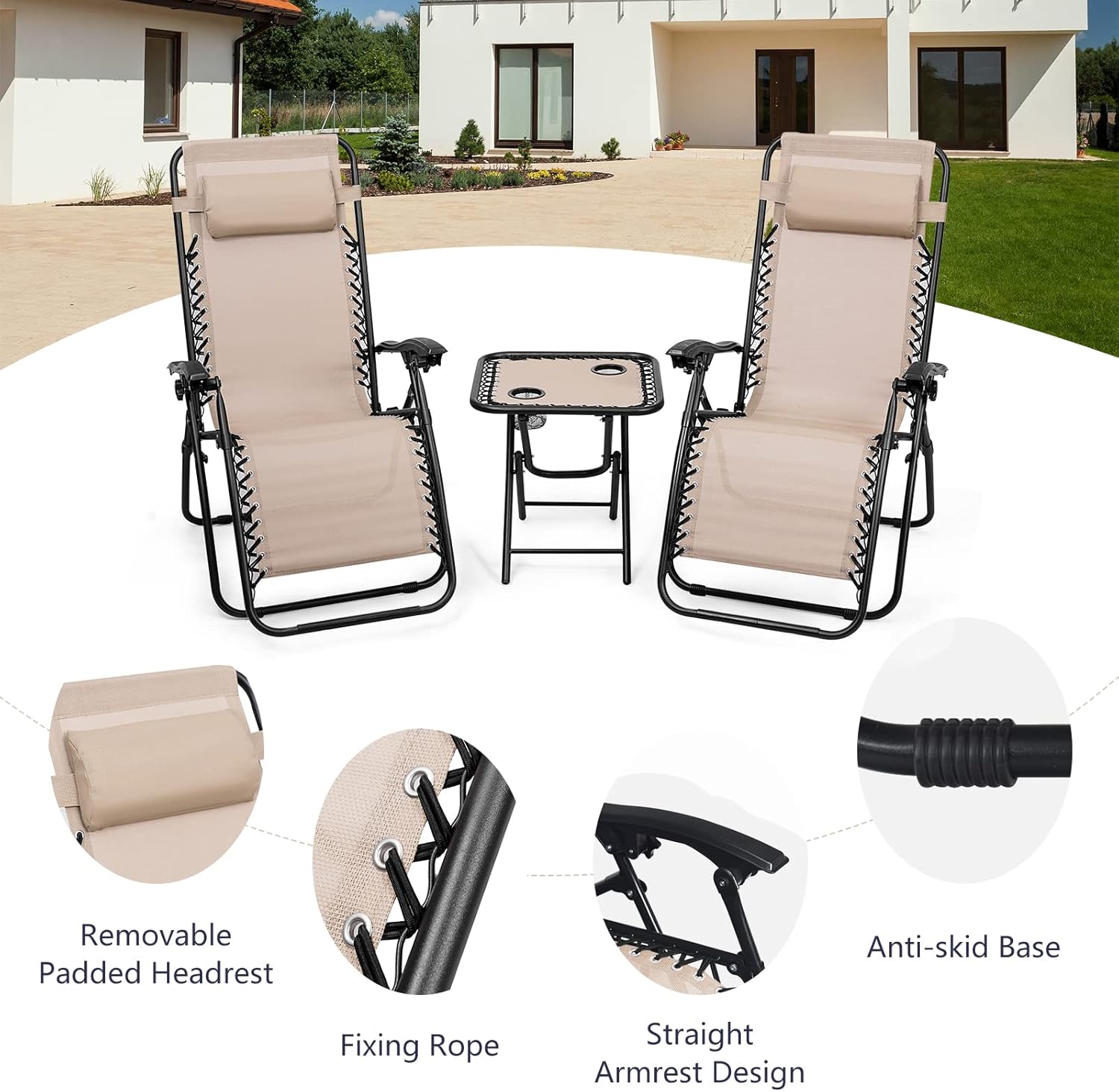 HAPPYGRILL Zero Gravity Lounge Chairs Set with Coffee Table, Folding Reclining Chairs with Side Table and Pillow, 3 Pieces Adjustable Patio Lawn Recliner Set for Outdoor Garden Camp Travel