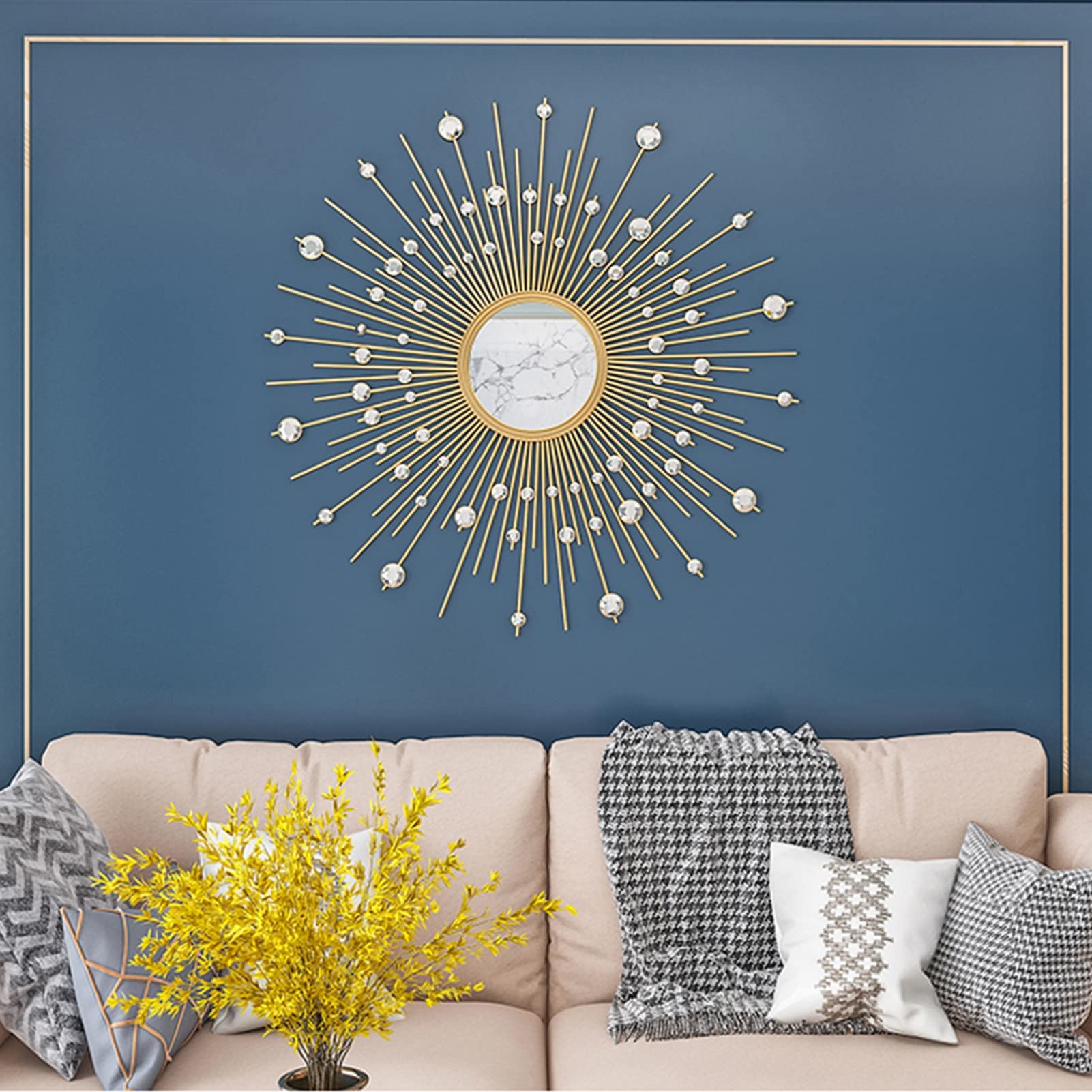 Großer Runder Wandspiegel für Wanddekor Wohnzimmer,Goldener Dekorative Spiegel Sunburst Wandspiegel,dekorativer Hängespiegel mit Metallrahmen,für Badezimmer Schlafzimmer Flur,60cm(24inch)