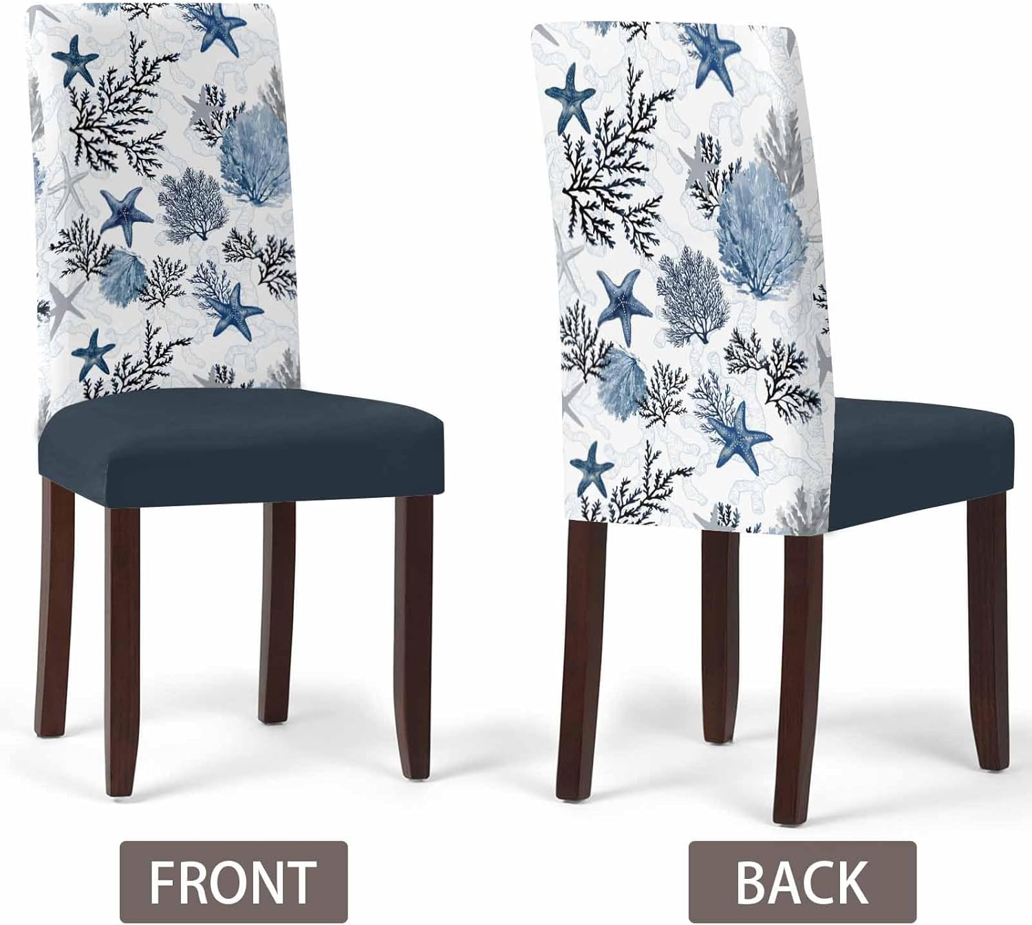 Navy Blue Starfish Coastal Dining Chair Covers Set of 4, Summer Beach Black Coral Nautical Stretch Spandex Kitchen Chair Slipcovers, Parsons Protector for Wedding Party Living Room Baby Shower