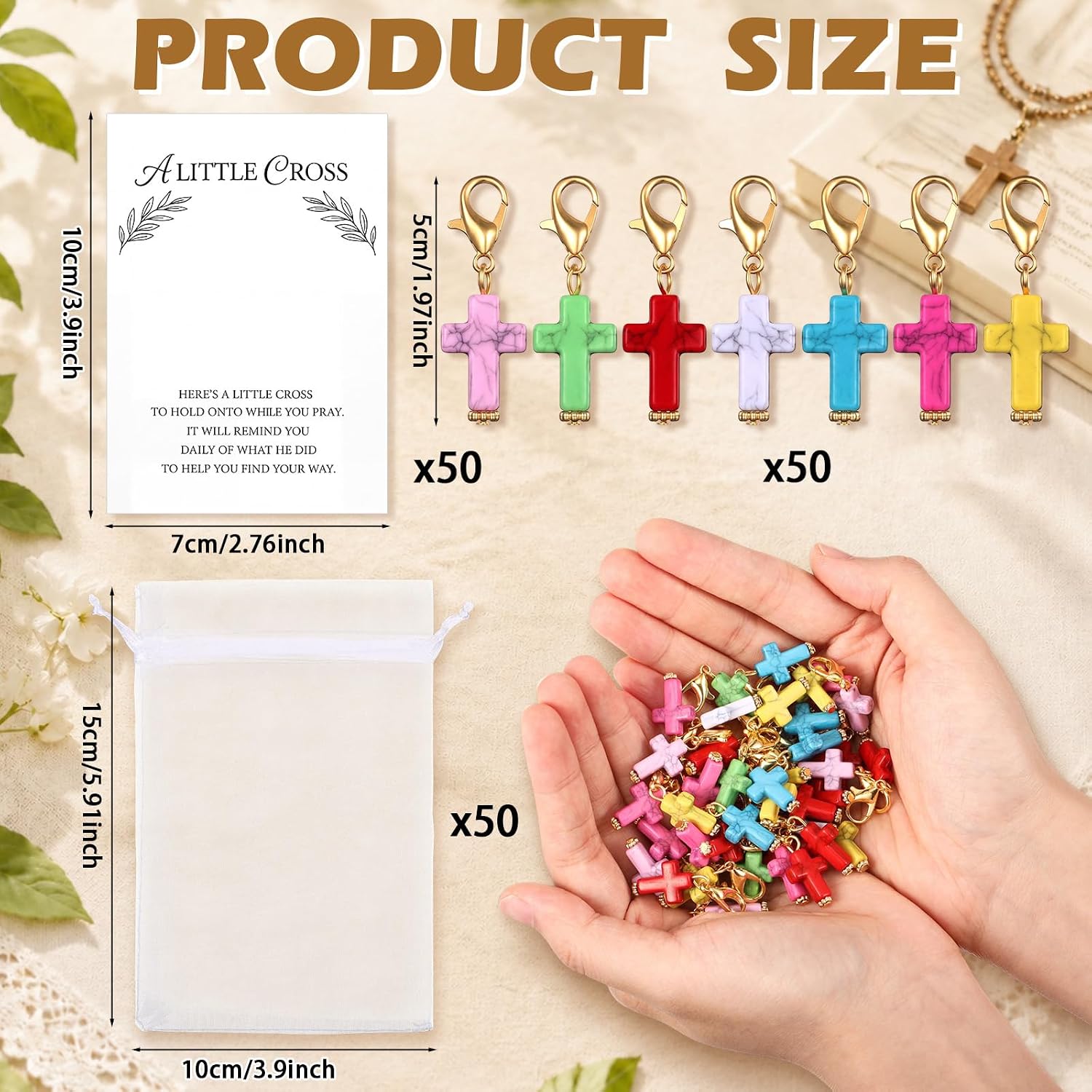50 Sets Pocket Hug Token Bulk Lobster Clasp Cross Charms with Hug Cards and Organza Bags Pocket Cross Christian Gift Religious Keepsake for Church Ministry Friends Family Distance Social