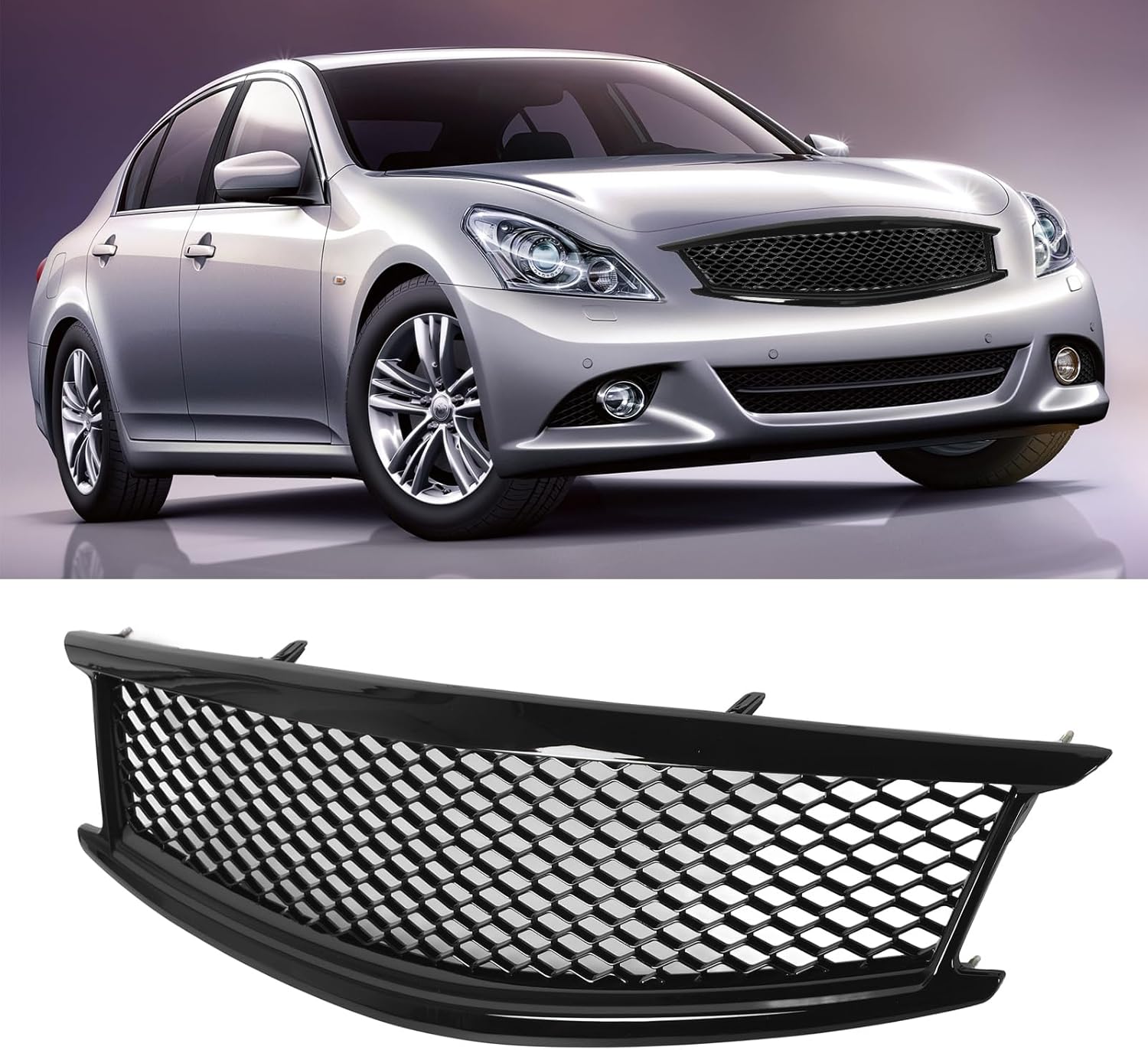 Aramox Gloss Black Mesh Front Bumper Grille for G37 4 Door Sedan Facelift 2010 to 2013 for G25 2011 to 2012, ABS Material with High Temperature Baking Process