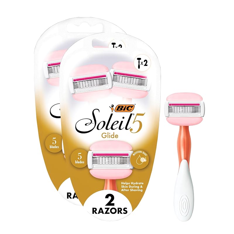 Aparelhos de barbear descartáveis BIC Soleil Glide femininos com 5 lâminas e barras de manteiga de karité, pacote com 2