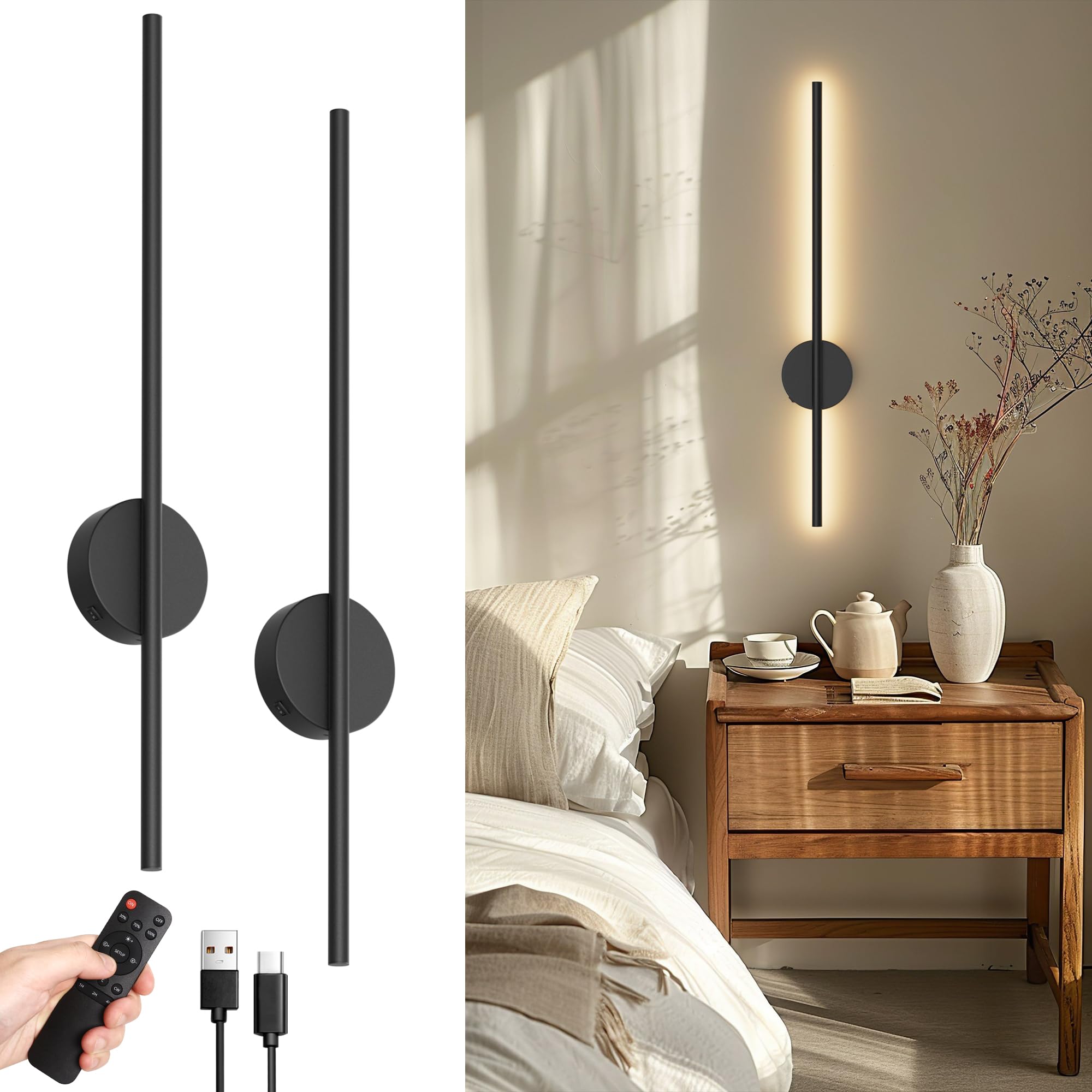 Aipsun 2 Stück Akku Wandleuchte mit Fernbedienung innen, 10000mAh, 6W,80CM, mit Dimm- und Timing-Funktionen, Wandleuchte ohne Stromanschluss, geeignet für Schlafzimmer, Esszimmer (schwarz)