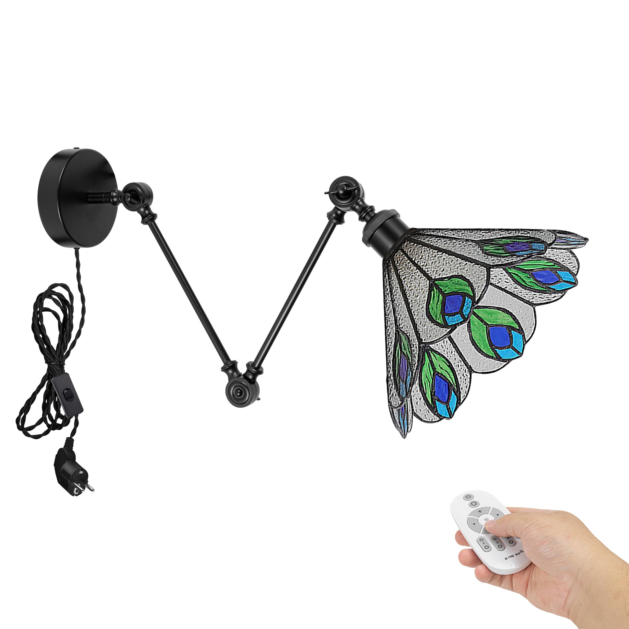 Schwenkarm Wandleuchte Innen Mit Fernbedienung, Vintage Glas Dimmbar Wandlampe mit E27 Lampenfassung, Wandleuchte ohne Bohrung für Wohnzimmer Treppenhaus Flur Schlafzimmer DZ0571