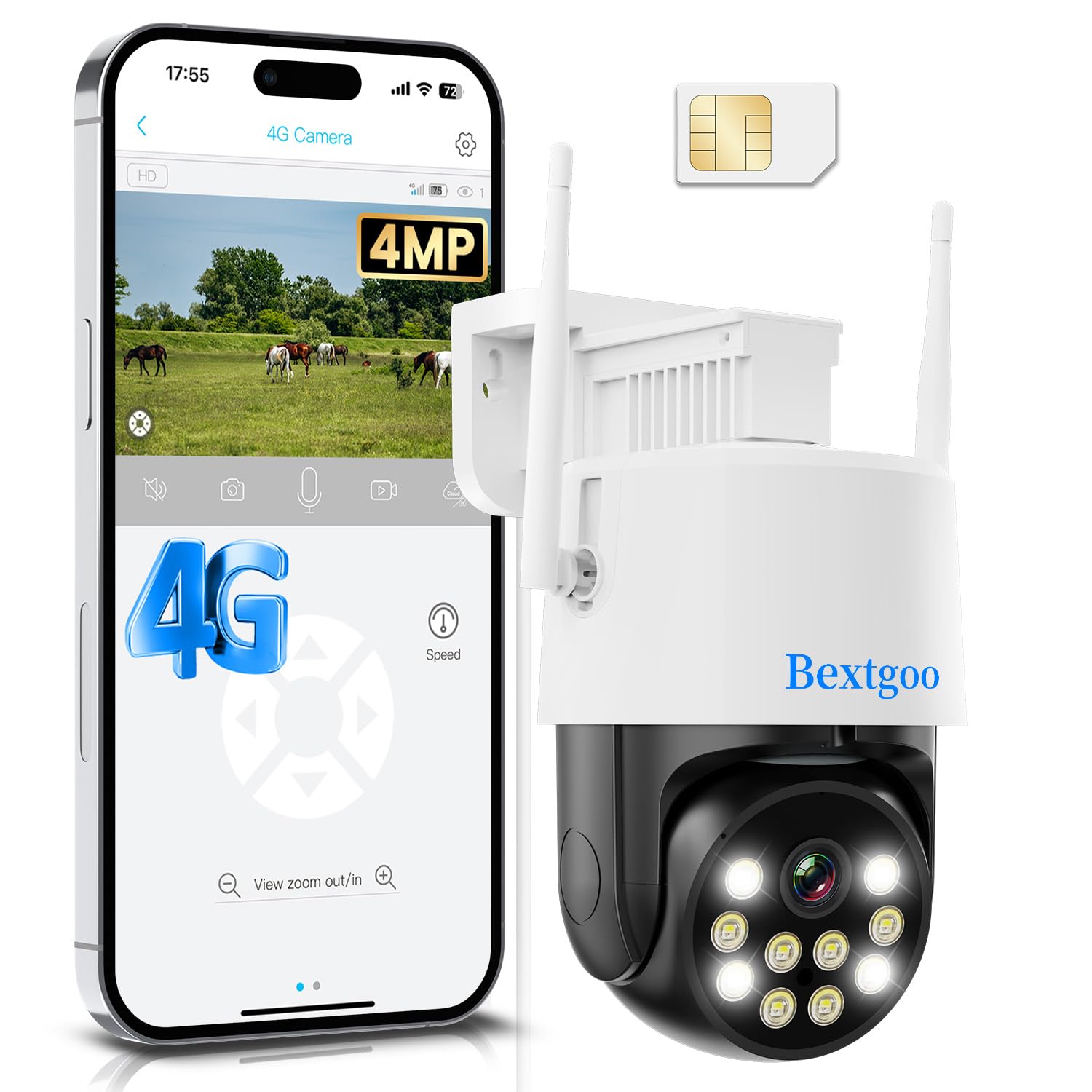 Bextgoo Telecamera con SIM 4G da Esterno, Monitoraggio Continuo 24/7 | 4MP Telecamera Senza WiFi, 360° Tracciamento Automatico, Rilevamento del Movimento AI, Visione Notturna Colori, IP66