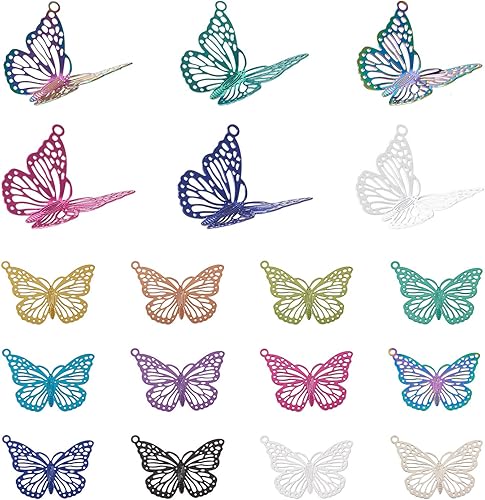 Beadthoven - Dije de filigrana de acero inoxidable con dije de filigrana, colgantes, hojas de plumas, mariposas, gotas de té color arco iris,