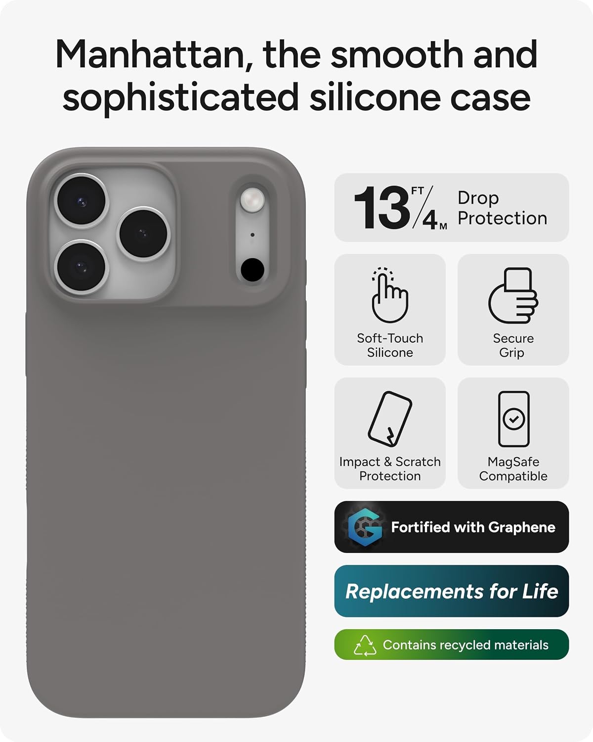 ZAGG Manhattan Snap Phone Case for iPhone 17 Pro Max - Gray Clay, Drop Protection (13ft/4m), Soft-Touch Silicone, Slim & Lightweight, Smooth Surface & No-Slip Grip, MagSafe Compatible