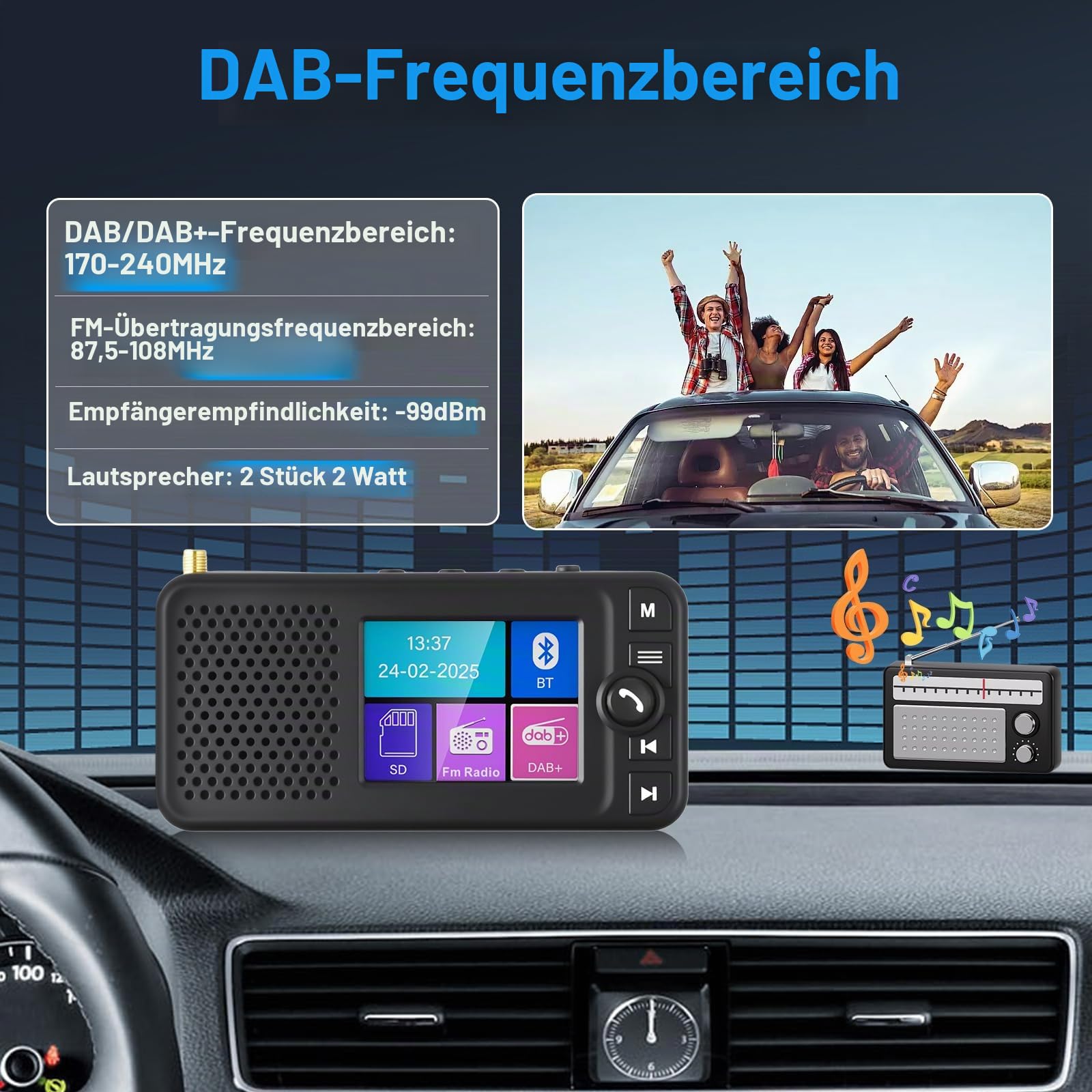DAB Adapter für Autoradio Digital Radio Bluetooth-Freisprecheinrichtung, 2,4 Zoll LCD Display DAB+ Adapter für Autoradio FM Transmitter, BT-Musik AUX-Schnittstelle