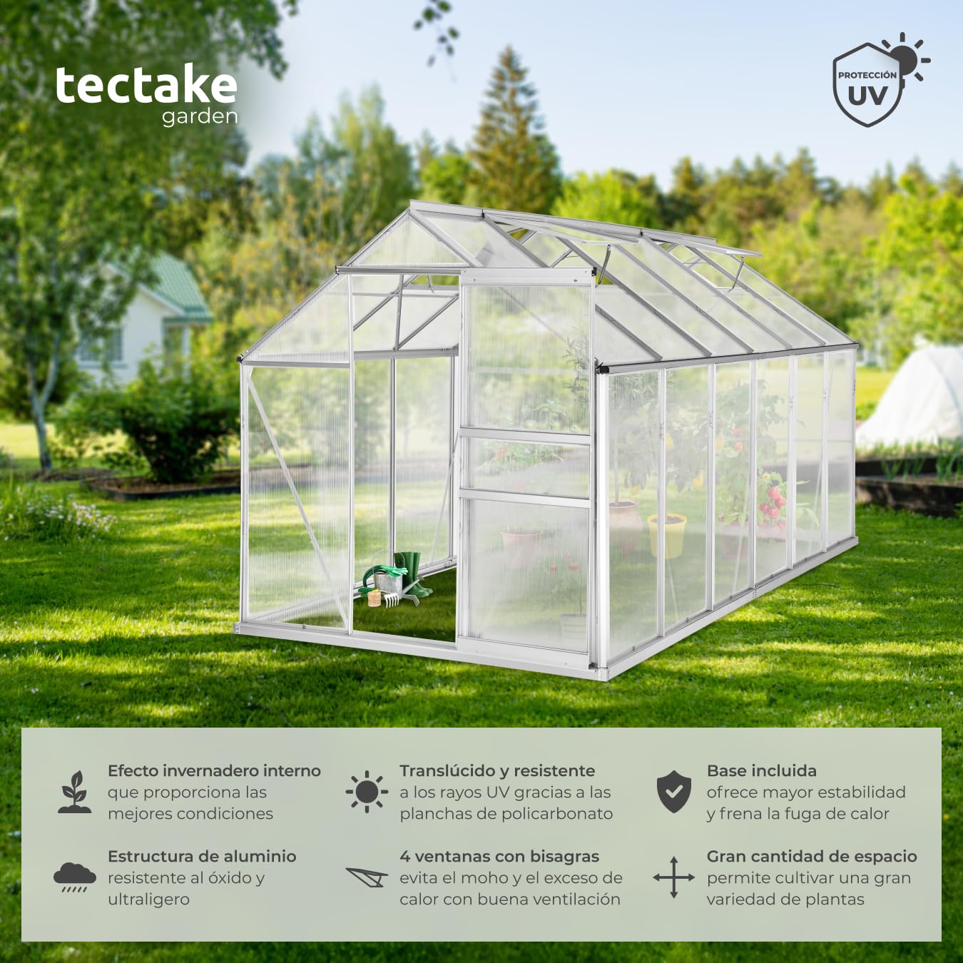 tectake Invernadero de Jardín de Aluminio y Policarbonato, Caseta Jardín Exterior 375x185x195, Vivero Huerto Casero 6,93m³, Invernadero Terraza para Cultivo de Plantas, con Base