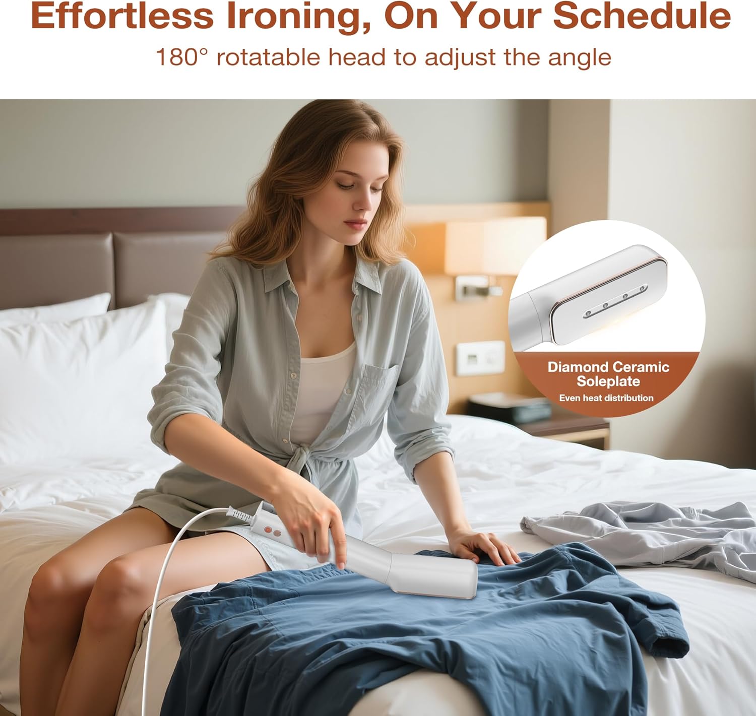 Newbealer 3in1 Travel Iron, 100-240V Clothes Steamer, 2 Steam Levels, Gold | Portable for On-the-Go, Heats in 20s, Dry Iron w/ Clamp, 180° Rotatable Head, 360° Leak-Proof, Auto-Off, Self-Cleaning, 90ml