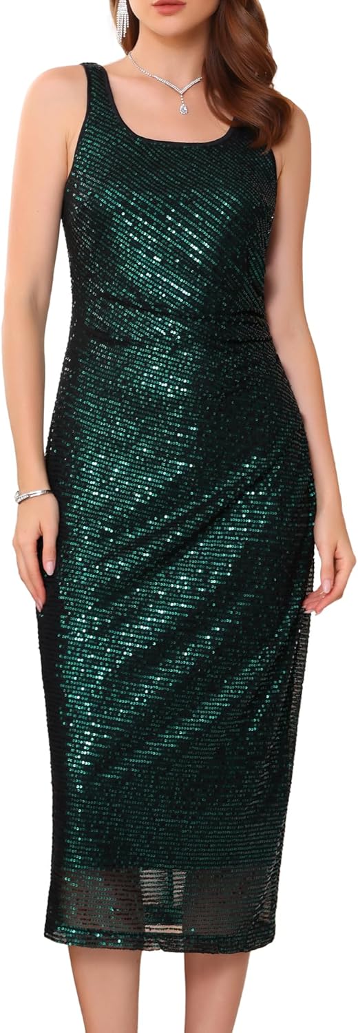 Women's Sequin Dress Cocktail Formal Sleeveless Backless Midi Bodycon Sparkly Dresses