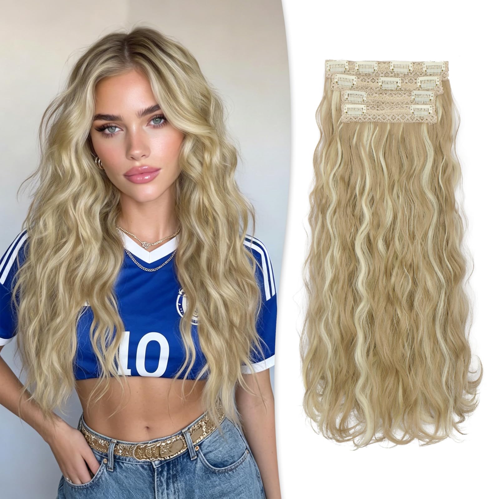 RUWISS Extension Cheveux Naturel Clip, 45 cm Longue Ondulées Extension Cheveux 4PCs Bouclés Synthétique Extensions Cheveux Naturels à Clips pour Femme (Blond Cendré)