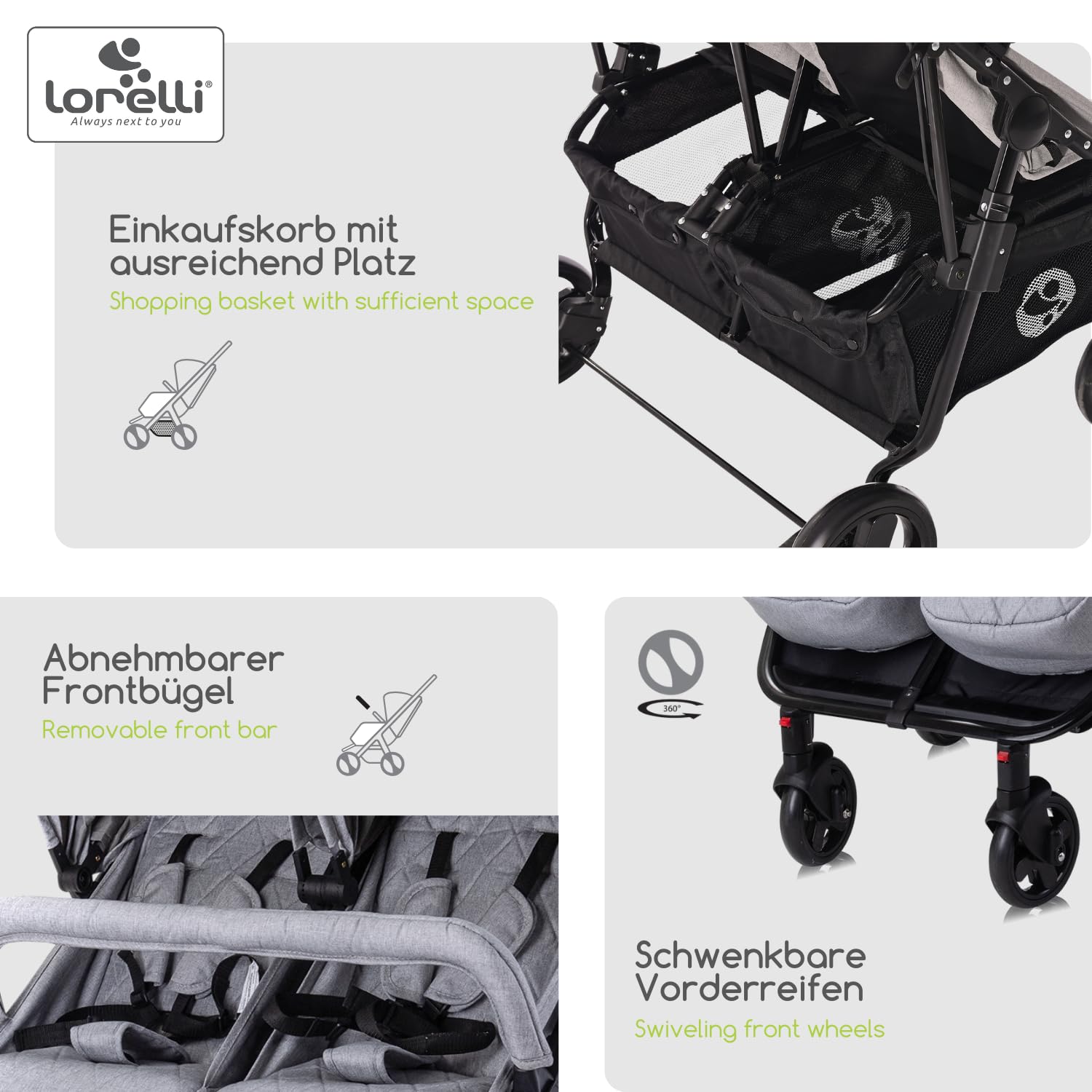 Lorelli silla de paseo gemelar dúo plegable ajustable cubrepiés bolsa de pañales, color:gris claro