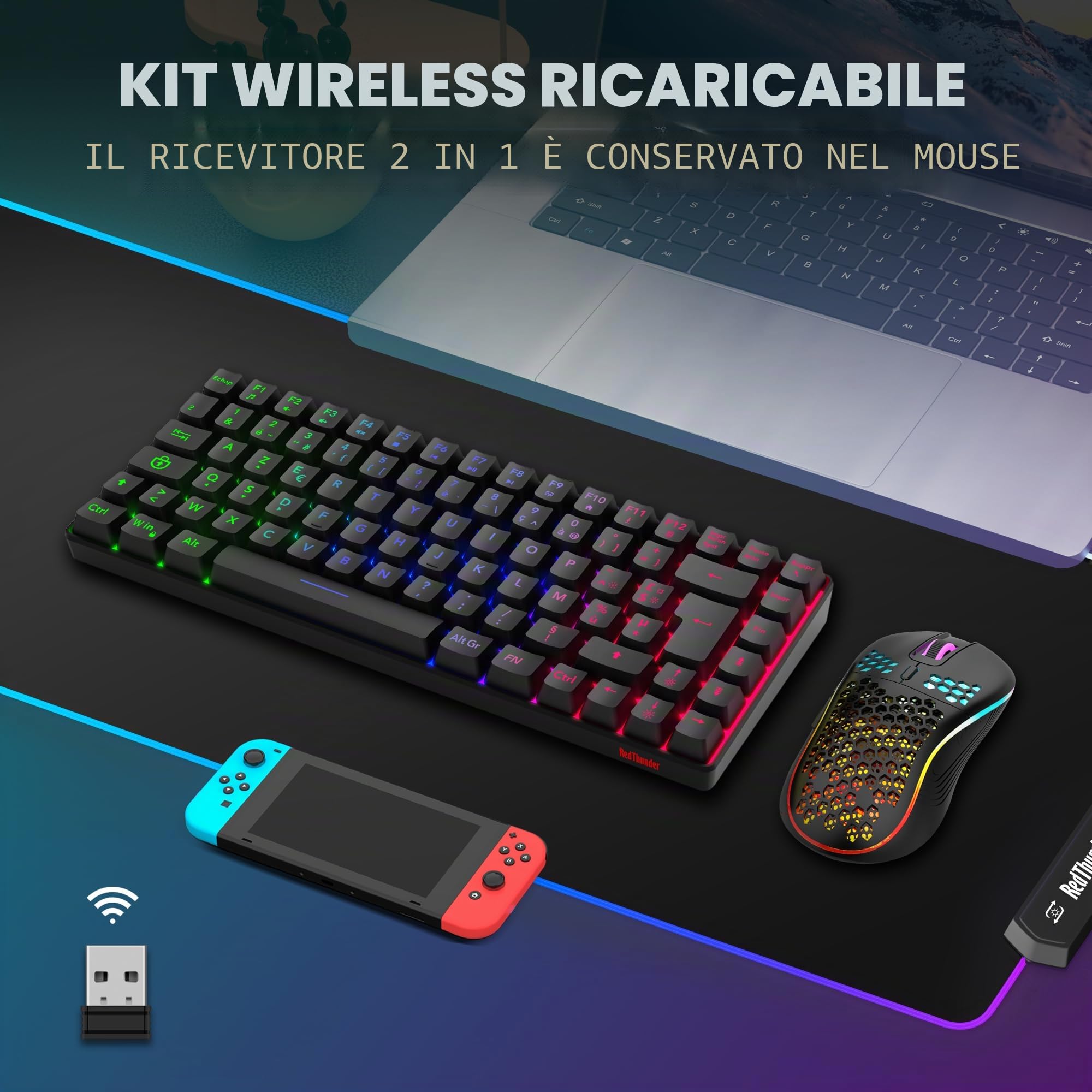 RedThunder K84 Combo Tastiera e Mouse USB Wireless Gamer, AZERTY Francese, Batteria Ricaricabile RGB Retroilluminata, Tastiera TKL al 75% e Mouse Ottico Leggero a Nido d'ape 3200 DPI (nero)
