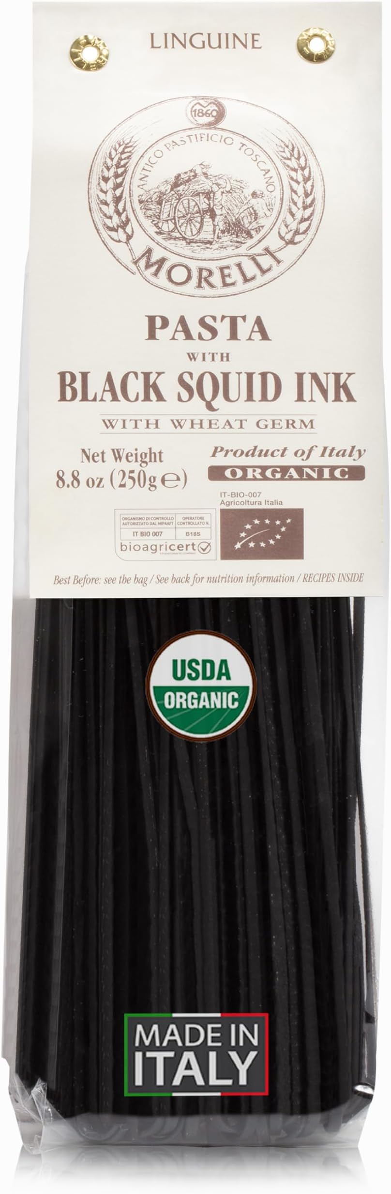 Squid Ink Pasta Linguine - Organic Black Pasta Noodles, Durum Wheat Semolina, Italian Nero Di Seppia Made in Italy - 8.8 oz / 250 g (Pack of 1)