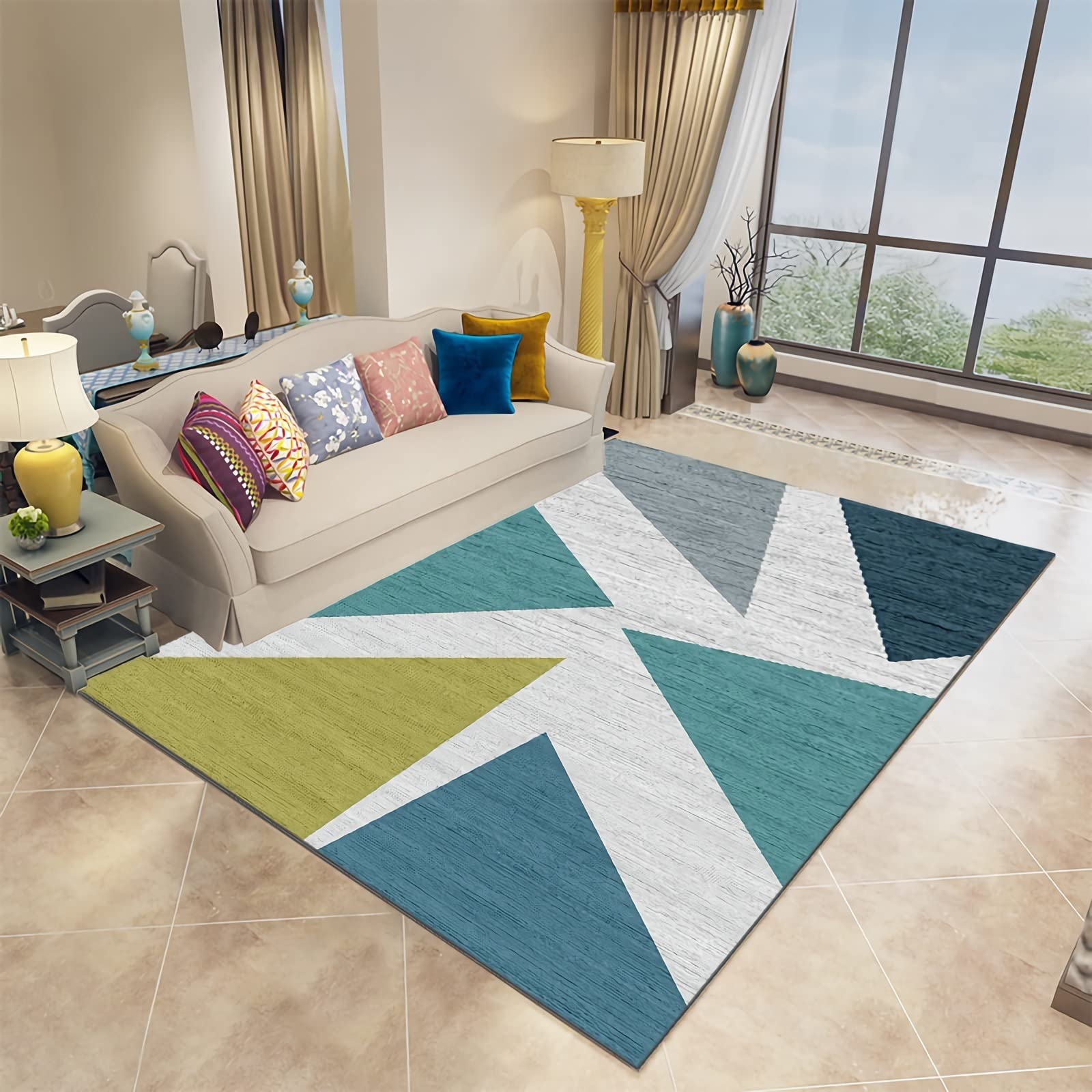Teppich rutschfeste,Waschbarer, Rutschfester Teppich Mit Geometrischem Design In Gelb, Blau Und Grau Teppich küche waschbar rutschfest,deko Wohnzimmer modern 160x230cm
