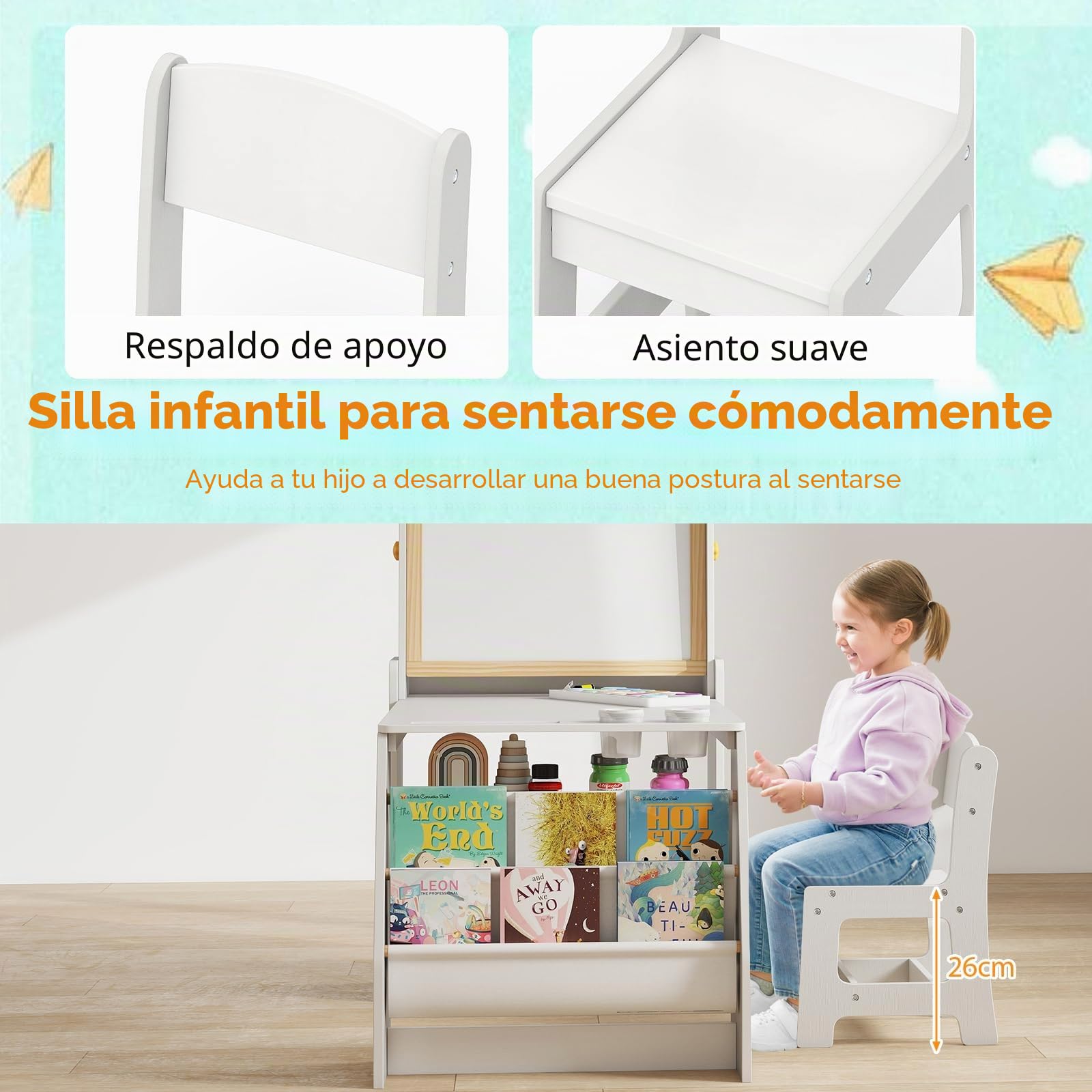 LIFEZEAL Mesa y Silla Infantil, Mesa de Dibujo con Pizarra de Doble Cara, Rollo de Papel, Bolsas de Almacenamiento, Silla Ergonómica con Respaldo (Gris)
