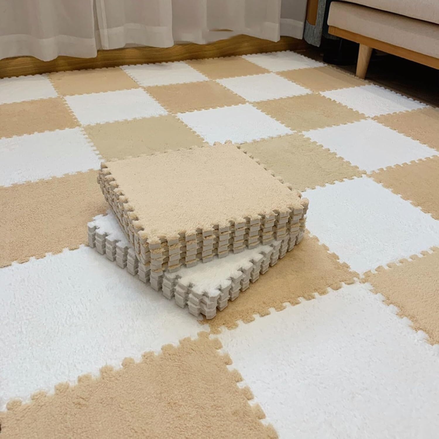 JvFbjLF Plush Foam Interlocking Floor Tiles Mats 1x1ft Foam Splicing Carpet Tiles With Edgings(Apricot+white,20pcs)