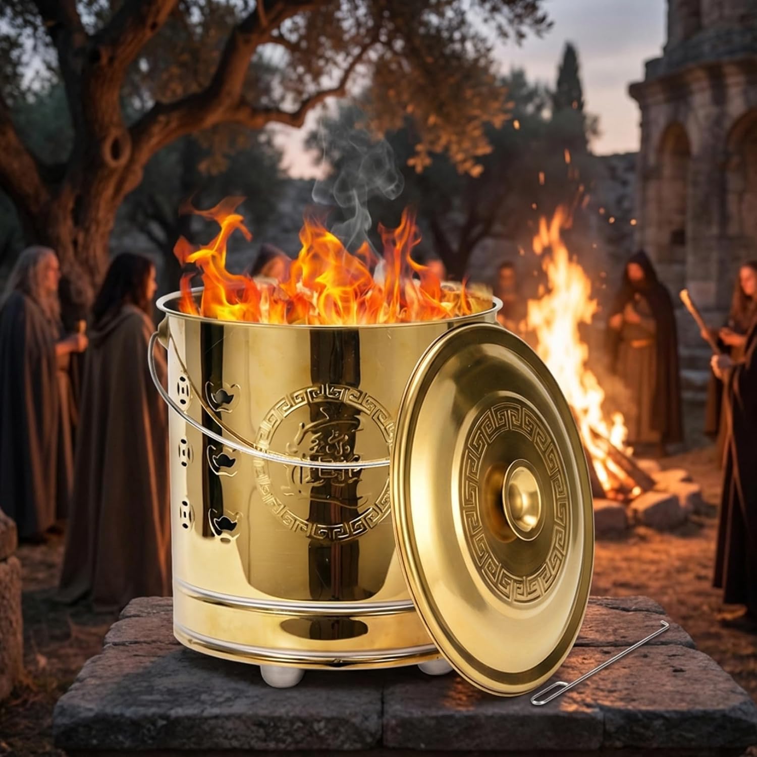 Burn Barrel, Stainless Steel Burn Cage with Lid & Handle Outdoor Incinerator Can Safe Fire Pit Bin for Yard Waste, Leaves, Paper & Cardboard, Golden