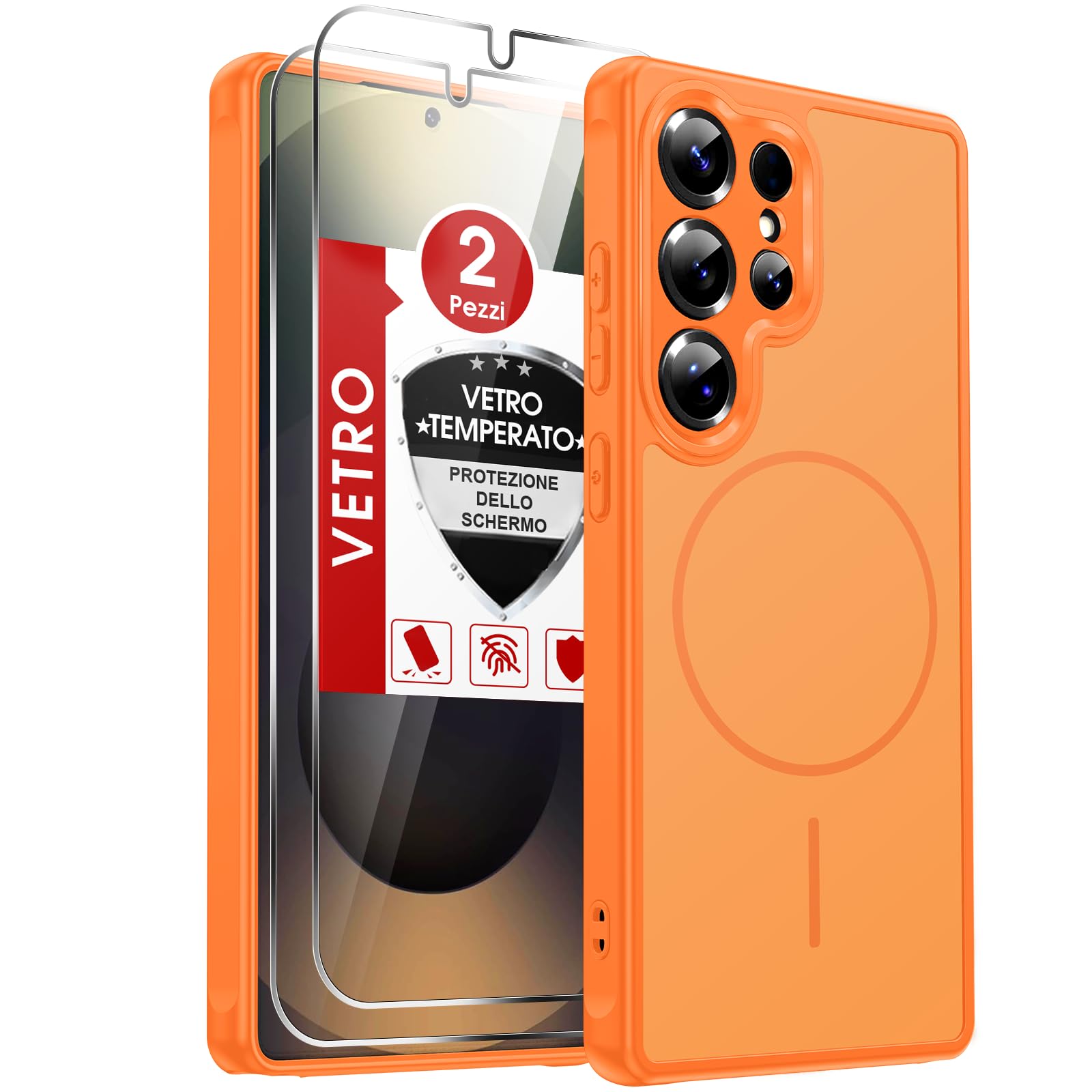 LeYi Cover Magnetica per Samsung S25 Ultra 5G con Vetro Temperato, Custodia per Galaxy S25Ultra Traslucida Opaca Anti-Impronte Resistente ai Graffi Paraurti in TPU Antiurto Protettiva Case, Arancione