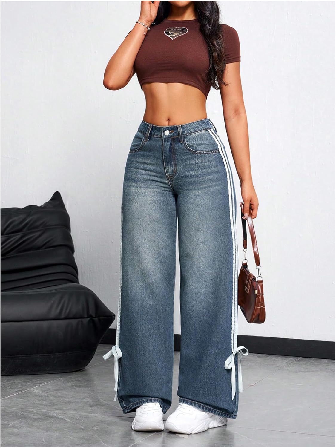 MakeMeChic Women's Straight Wide Leg Denim Pants Striped Bow Rise Jeans with Pocket Y2K Streetwear - Image 6