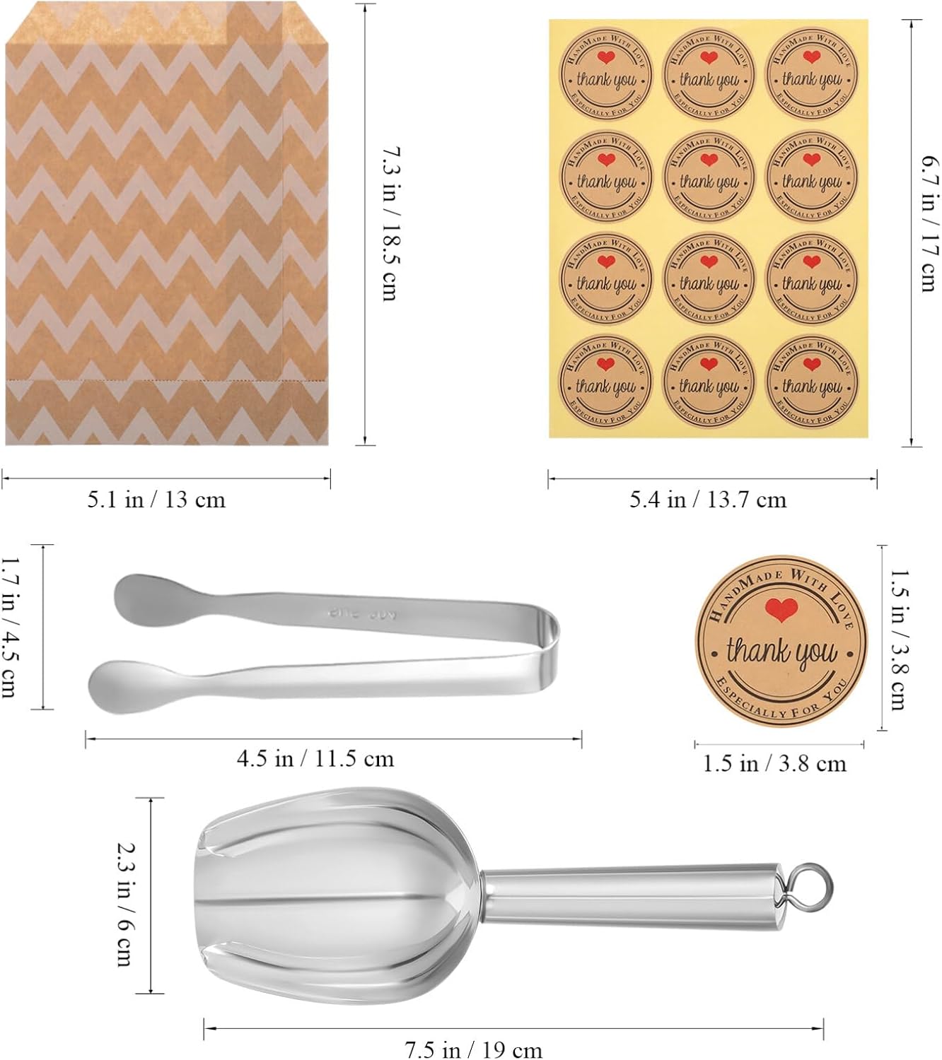 Luxshiny Candy Bar Accessories, 24pcs Paper Cookie Bags Pastry Treat Bags with Stickers, Candy Tongs and Scoops, for Wedding Party Giving Wrapping