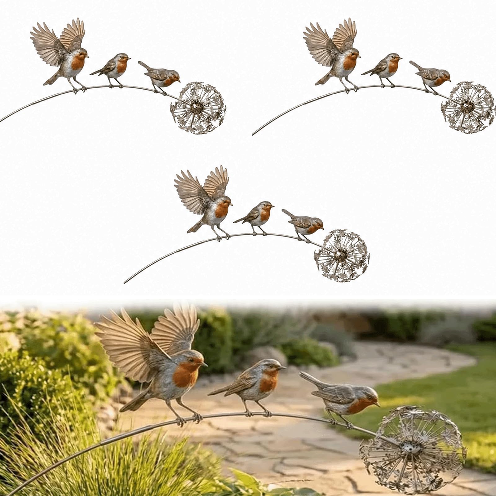 WMGDLP Rustic Iron Bird Yard Art Decoration,Swaying Metal Robin Garden Stake with 3 Birds & Dandelion Accent, Weather Resistant Kinetic Outdoor Sculpture, Memorial Garden Ornament Gift (3PCS)