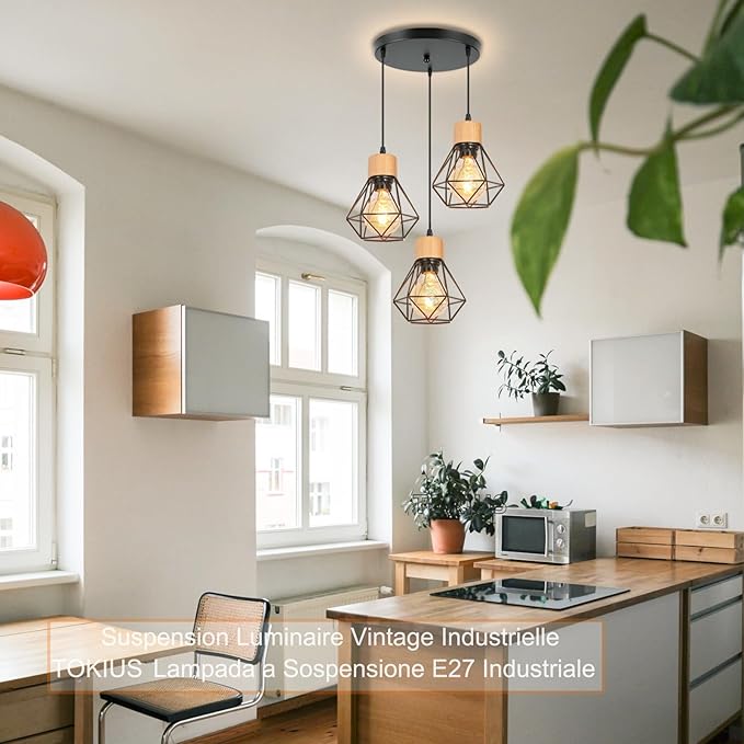 TOKIUS Hanglamp, vintage, industrieel, kroonluchter, lampenkap van metaal en hout, Ø 160 mm, plafondlamp E27 met hout, retro, voor woonkamer, keuken, slaapkamer (B-met basis) photo 2