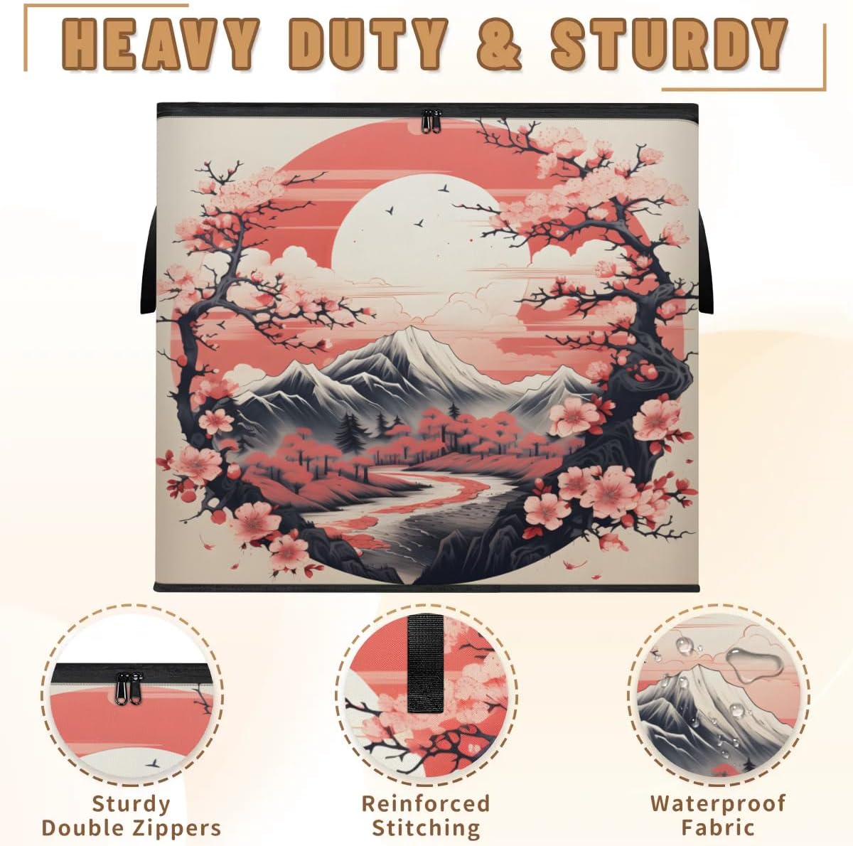 Honeybaby 214L Extra Large Comforter Storage Bag Sunrise Cherry Blossoms Storage Totes with Lids Waterproof Closet Organizer Folding Blanket Storage Bags for Clothes Bedding Pillows