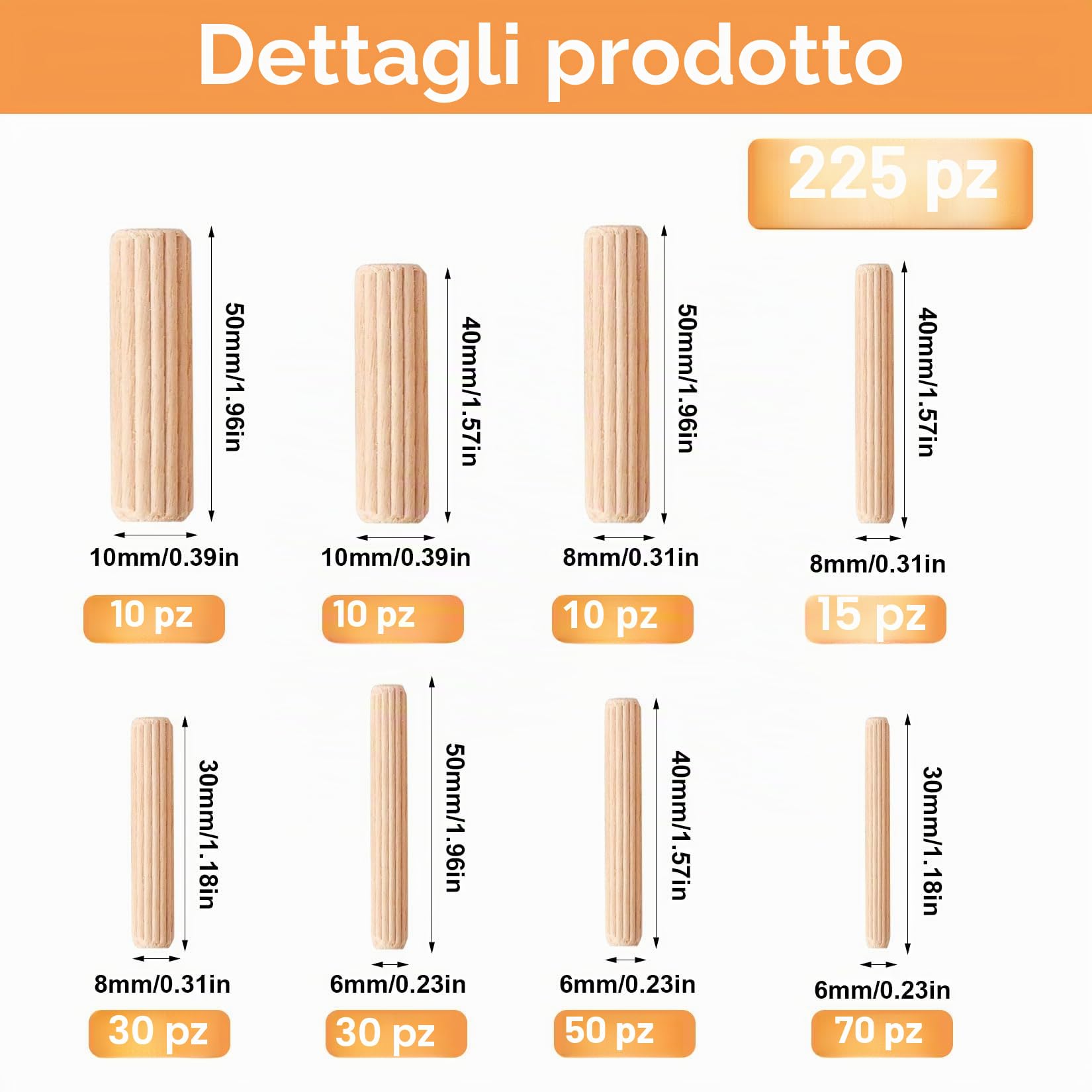 Tasselli Legno Conici Scanalati 6mm 8mm 10mm per Mobili Fai da te 225 Pz