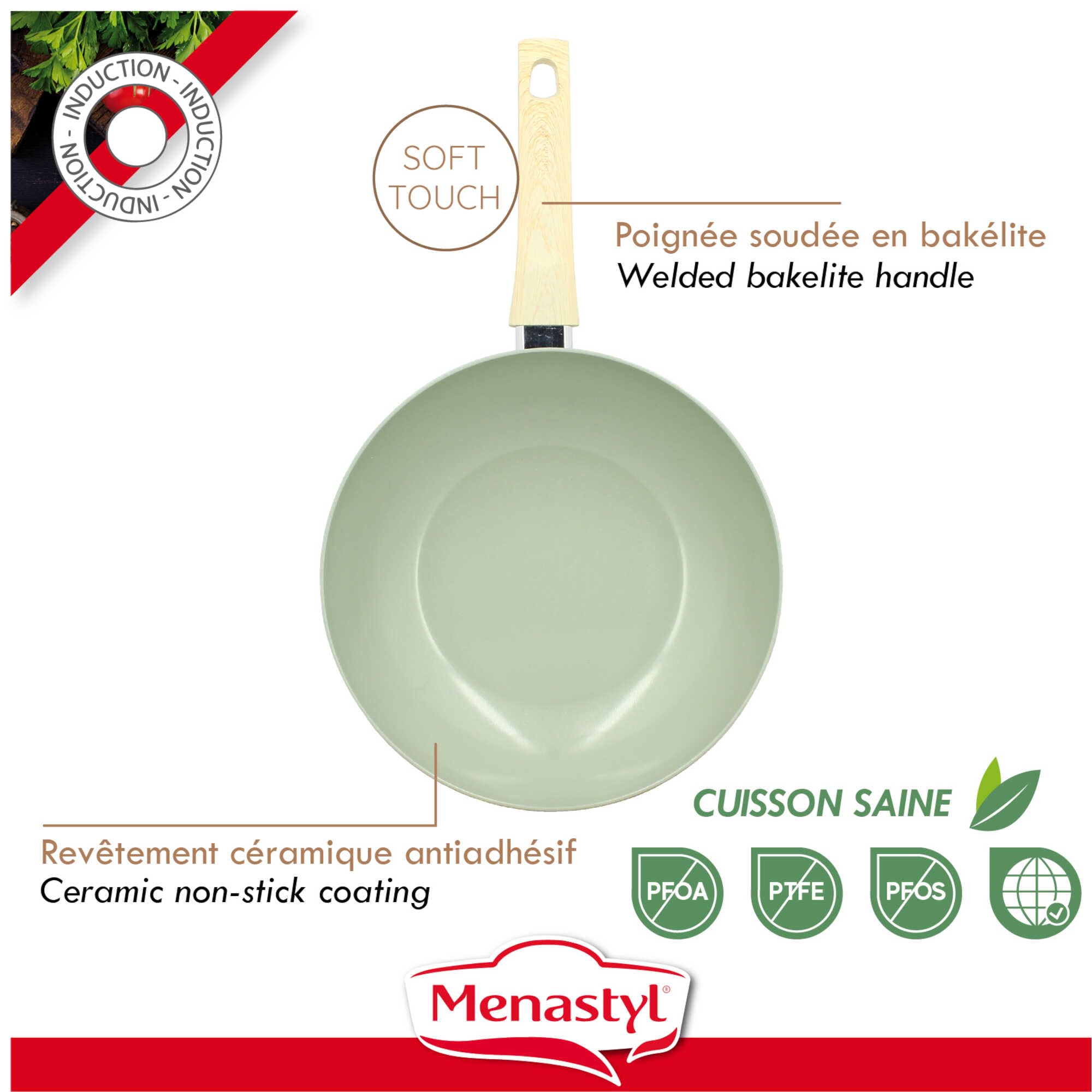 MENASTYL - Batterie de cuisine 5 pièces avec revêtement antiadhésif céramique (Sans PFAS/Sans PTFE) tous feux dont induction - 2 poêles / 2 casseroles / 1 wok - Gamme Colorama - Céladon - 6014166