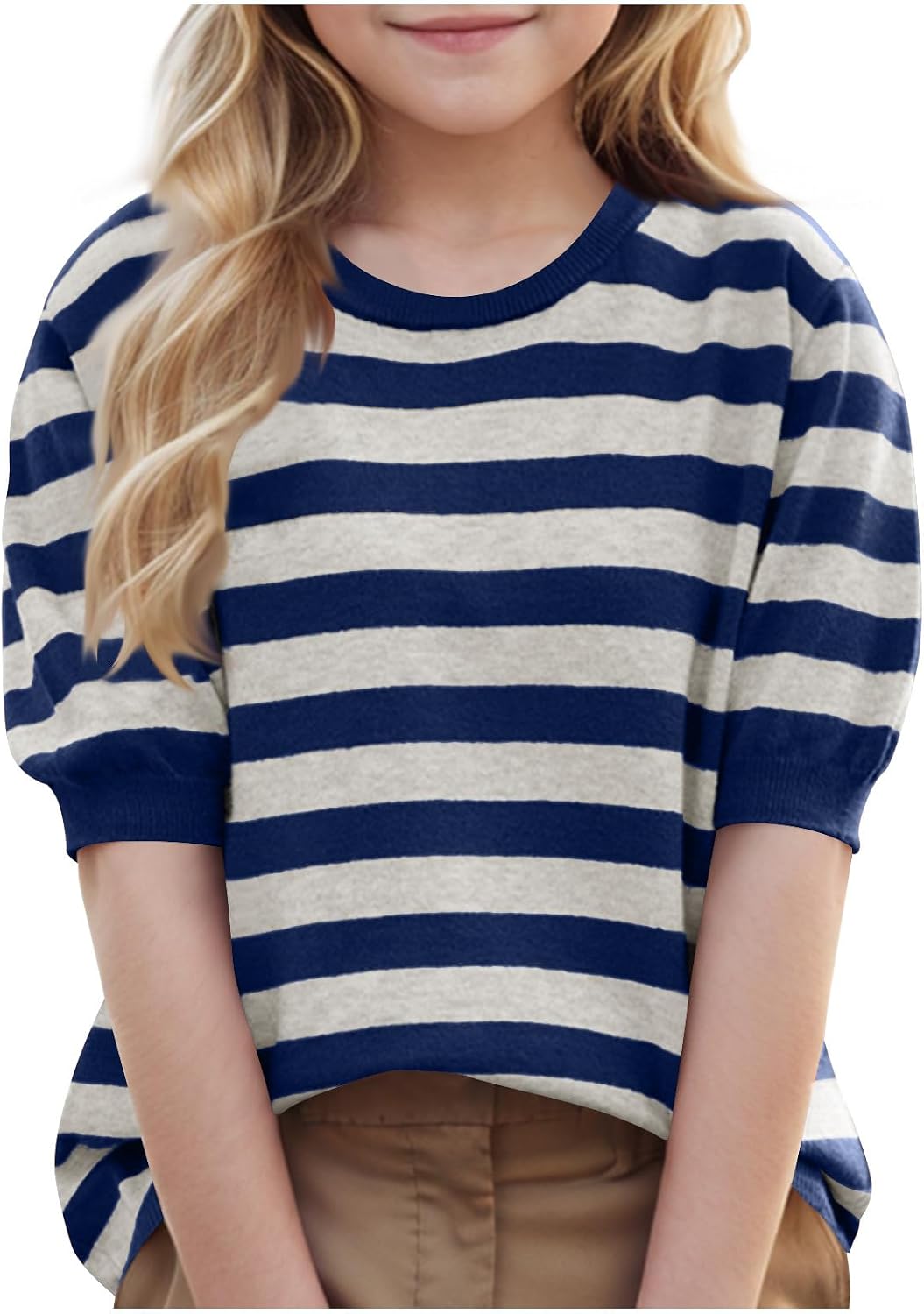 Girl Stripe Knit Sweater Loose Fit Short Sleeve Knitted Sweaters Crew Neck Lightweight Knitwear for Children
