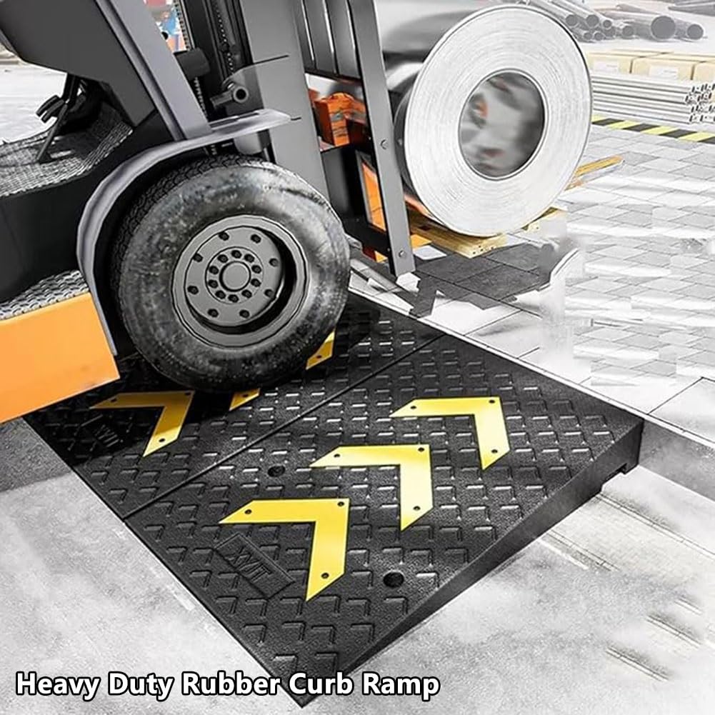 Gumowa Rampa Krawężnikowa do Podjazdu, 10 cm Rampa Progowa z Żółtym Symbolem Strzałki do Ciężarówki Auto Samochody Wózki Inwalidzkie