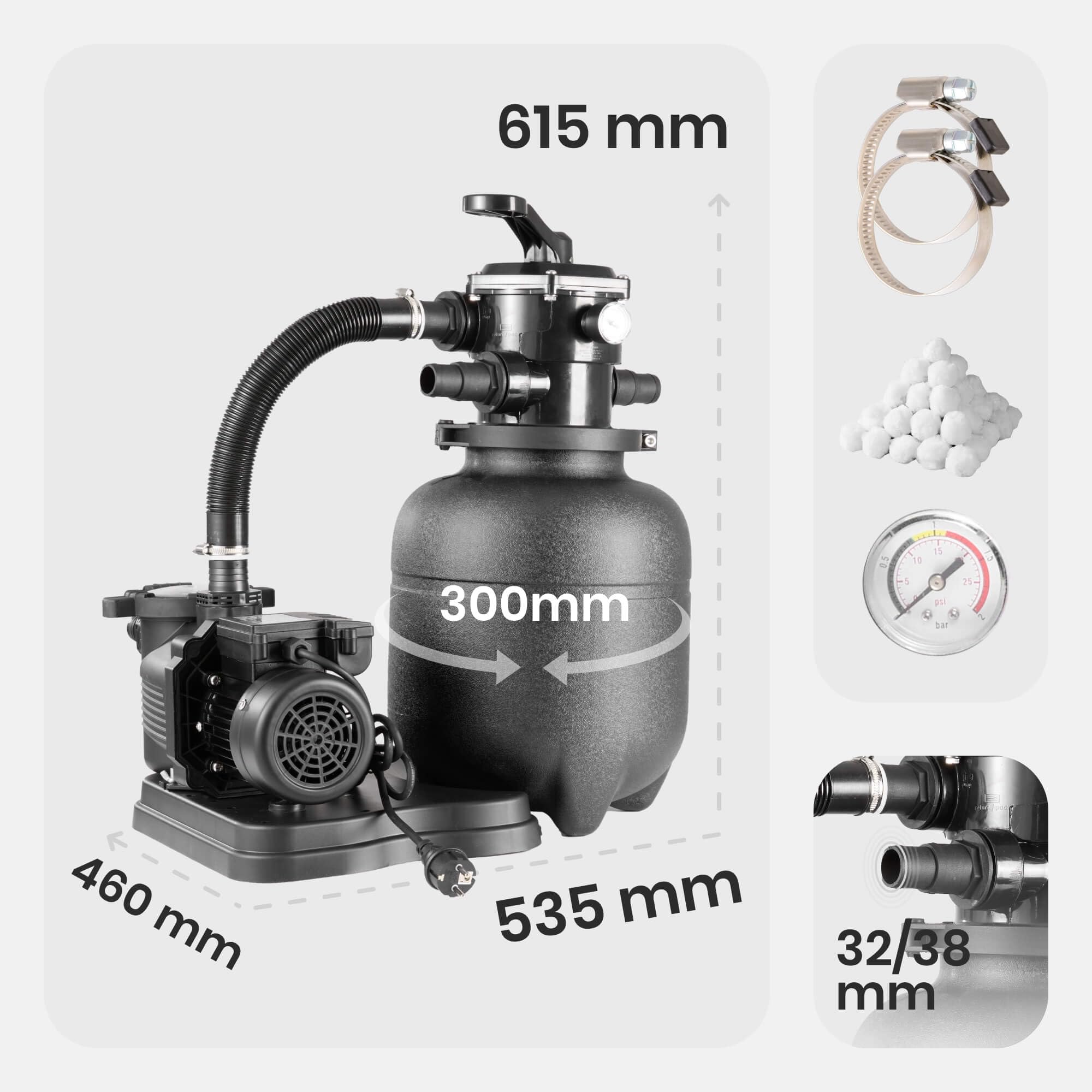 Arebos Sandfilteranlage mit Pumpe inkl. 600g Filterbälle | 350W | 9500 L/h | Tankvolumen bis zu 20 kg Sand | 7 - Wege Ventil mit Griff | mit Druckmanometer | Poolfilter | Schwarz