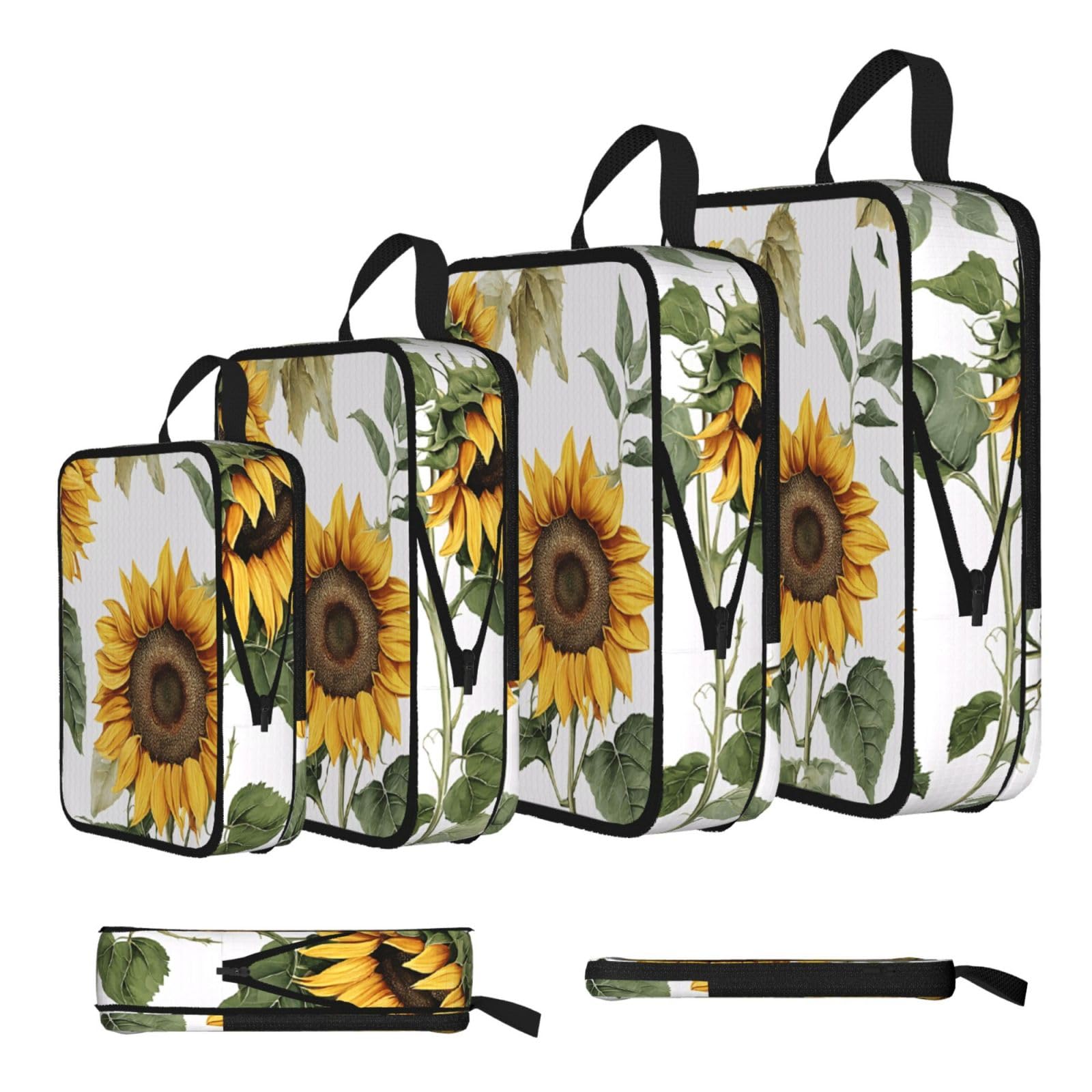 Ezdlowvba Black Fresh Sunflower Print Compression Packing Cubes 4-Piece Set With Multi- Compartment Travel Bag, Waterproof Suitcase Organiser Bags