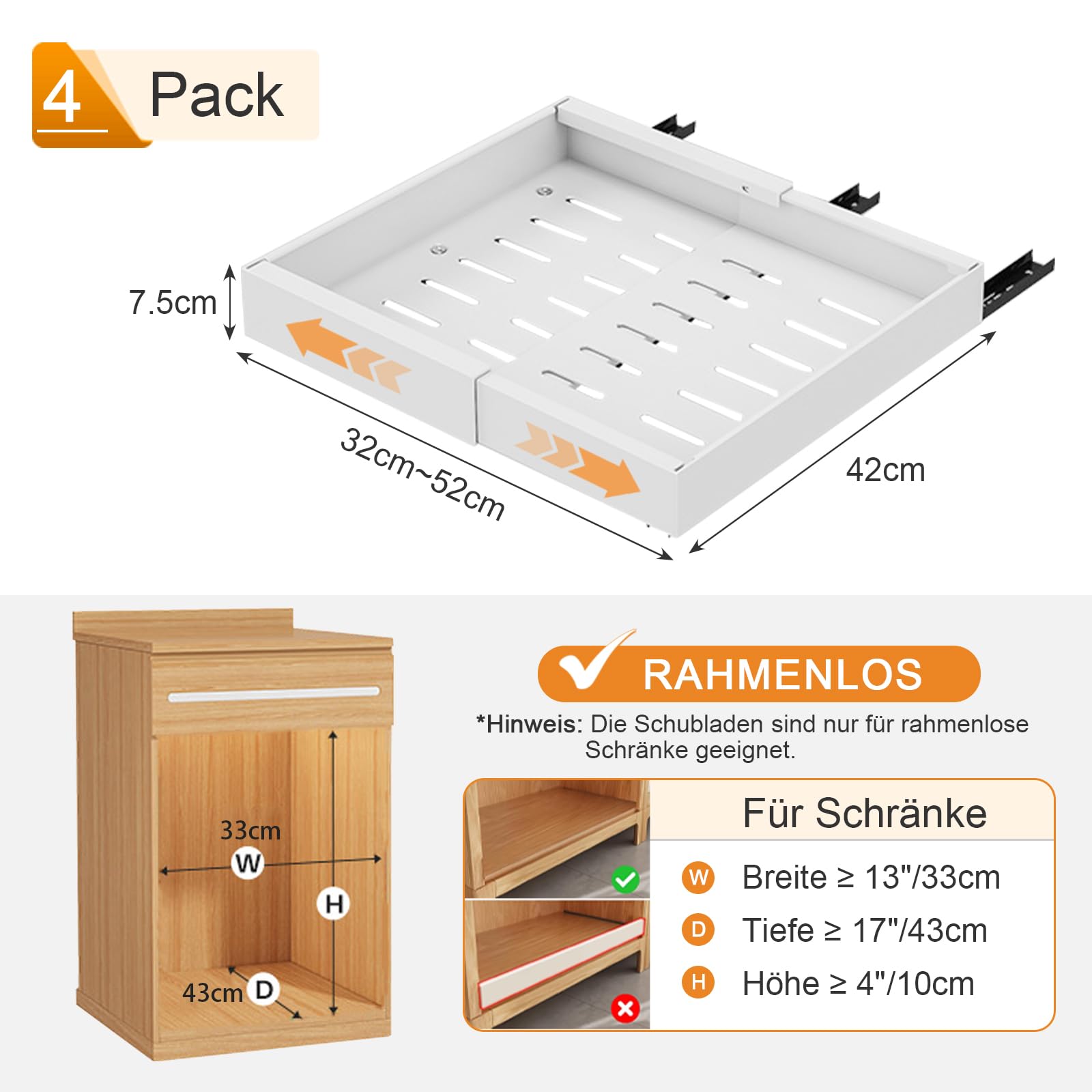 Lot de 4 tiroirs télescopiques pour armoires de cuisine, largeur réglable 32 à 52 cm, organiseur de placard de cuisine extensible avec fixation adhésive nano film, blancs (Paquet de 4 - Blanc)