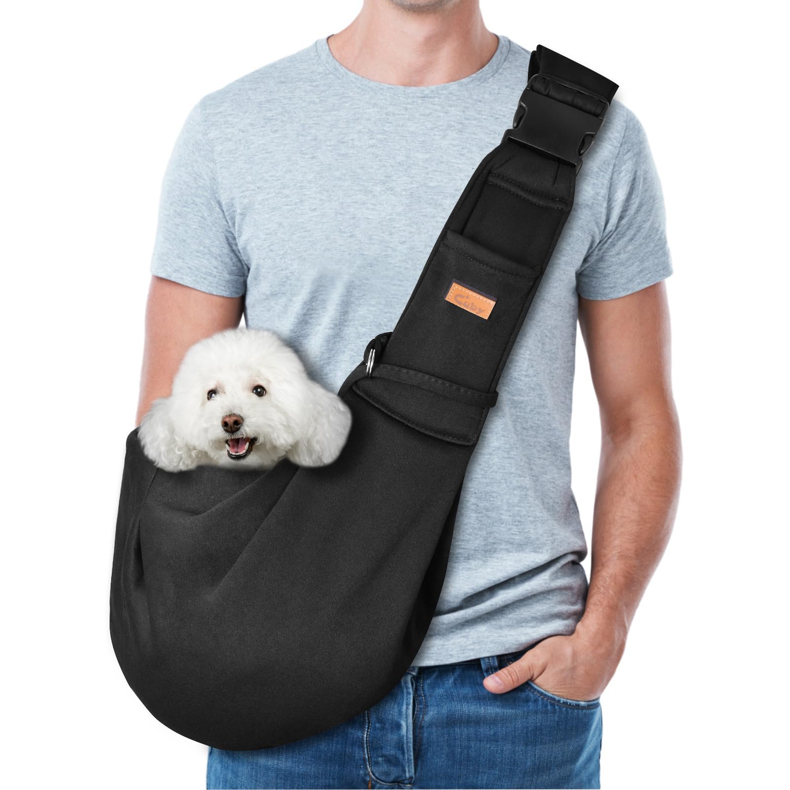 CUBY Dog and Cat Sling Carrier, Hand-Free Dog Carrier Slings with Adjustable Straps Pocker, Puppy Slings Carrier for Small Dogs Cats Outdoor Travel Bag(Black, M-Adjustable Strap)
