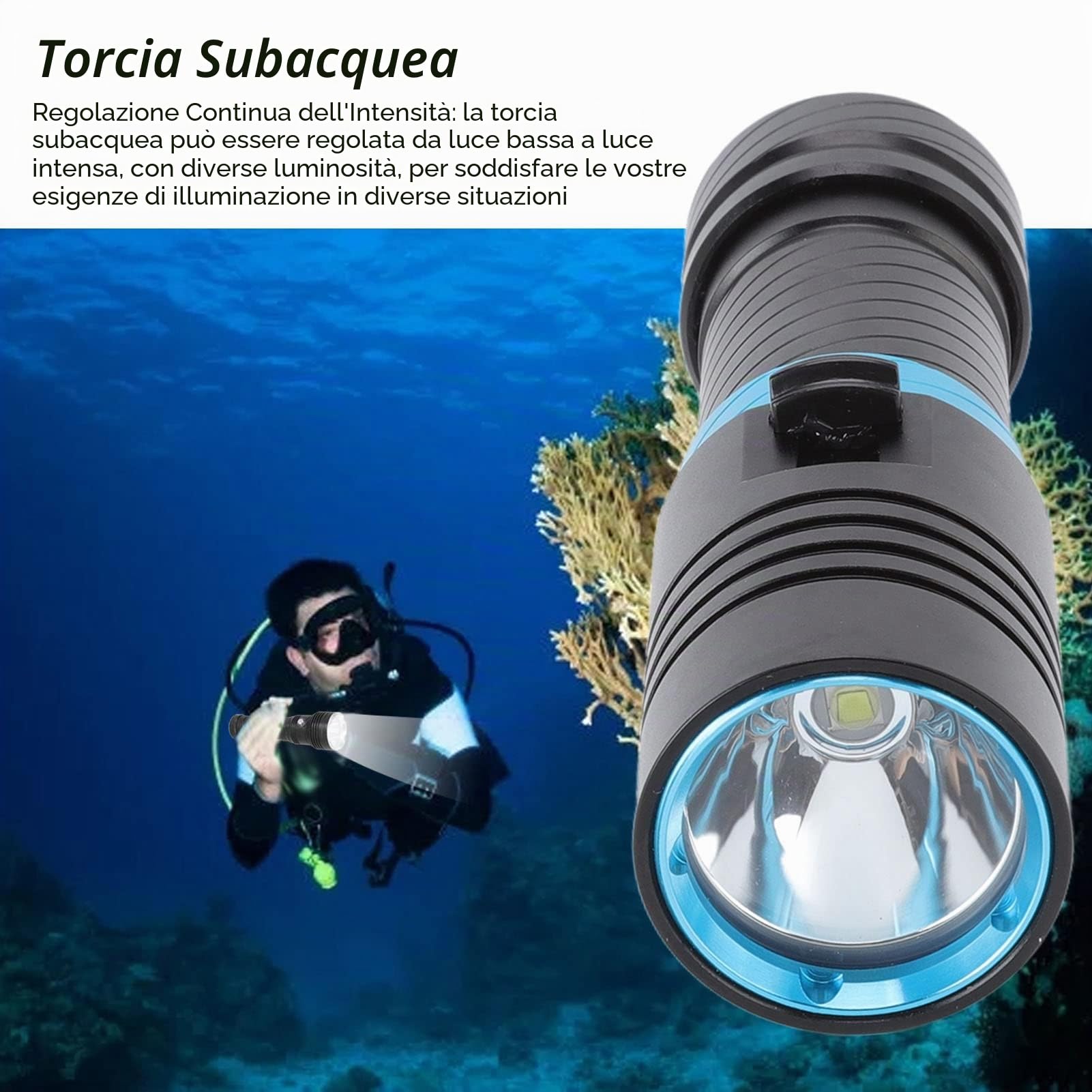 Haofy Torcia Subacquea, Torcia LED Subacquea Impermeabile, Torcia Subacquea 5000LM Luce Subacquea Subacquea per Pesca Notturna Grotta di Mare Profondo, Luce Bianca
