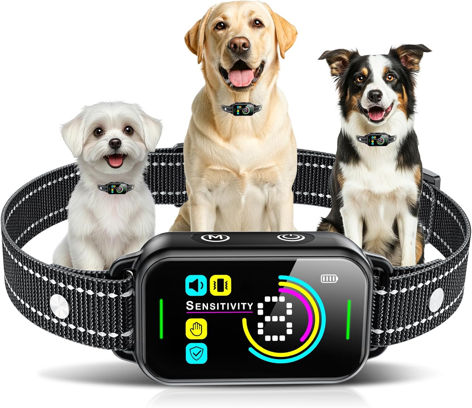 DINJOO Bark Collar with three dogs: a small white dog, a golden retriever, and a border collie, all wearing the collar. The collar's display shows sensitivity settings.