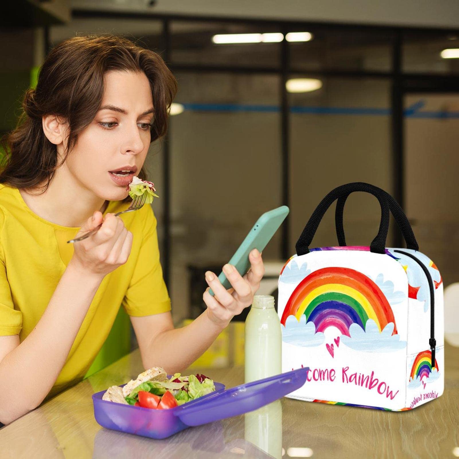 Borsa per il pranzo con foglie arcobaleno, a prova di perdite, borsa