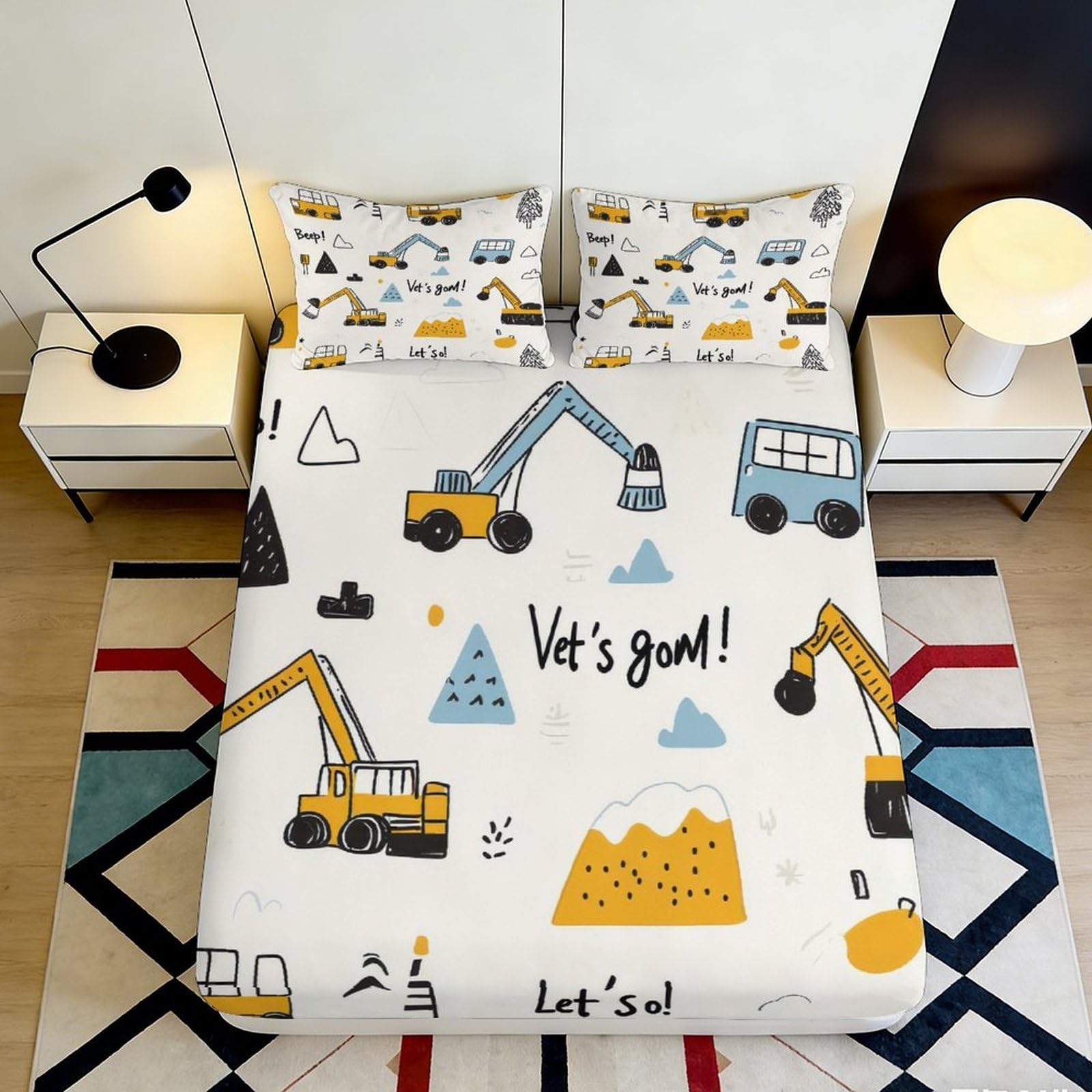 Decorative Construction Vehicle Fitted Sheet 3D Printed Microfiber Soft Touch for Apartment Bedding, Anti-Slip, Easy Care, Bedroom Decor, Guest Room 90x200x25cm