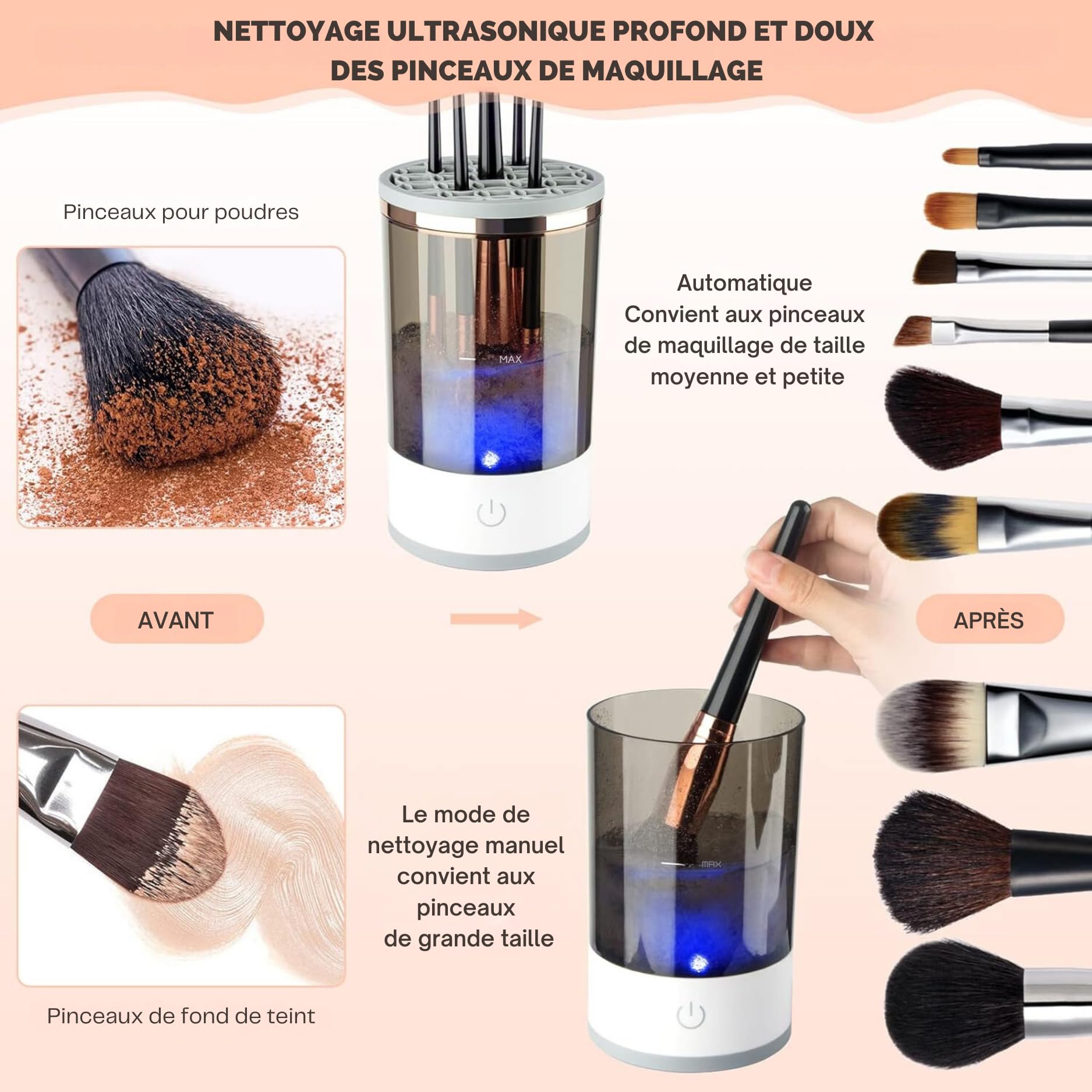 Nettoyeur Électrique de Pinceaux de Maquillage: Rapide, Automatique et Portable, Adapté à Tous Types de Pinceaux, avec Technologie de Nettoyage en Profondeur - Idéal pour les Maquilleurs