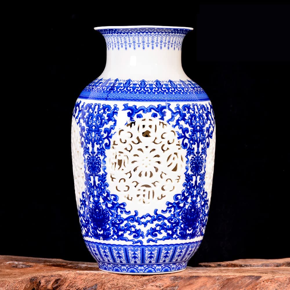 DFGHNBVC Chinoiserie Jingdezhen Porcelain Blue And White Porcelain Hollow Out Vase Flower Arrangement New Chinese Style Sitting Room Porch TV Ark Adornment Places,I