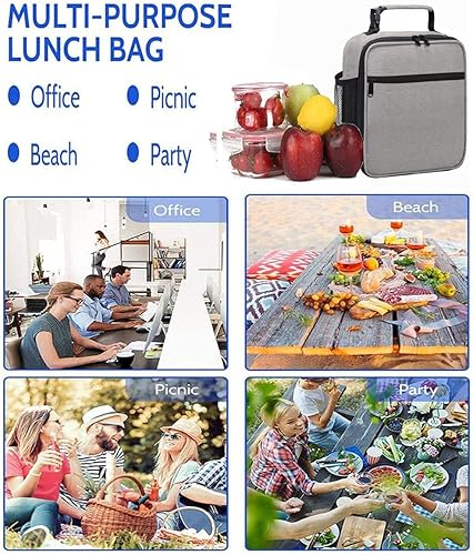 Miniatura 6 de Lonchera para hombres y mujeres adultos, pequeña bolsa de almuerzo aislada para oficina, senderismo, lonchera portátil reutilizable (gris claro)