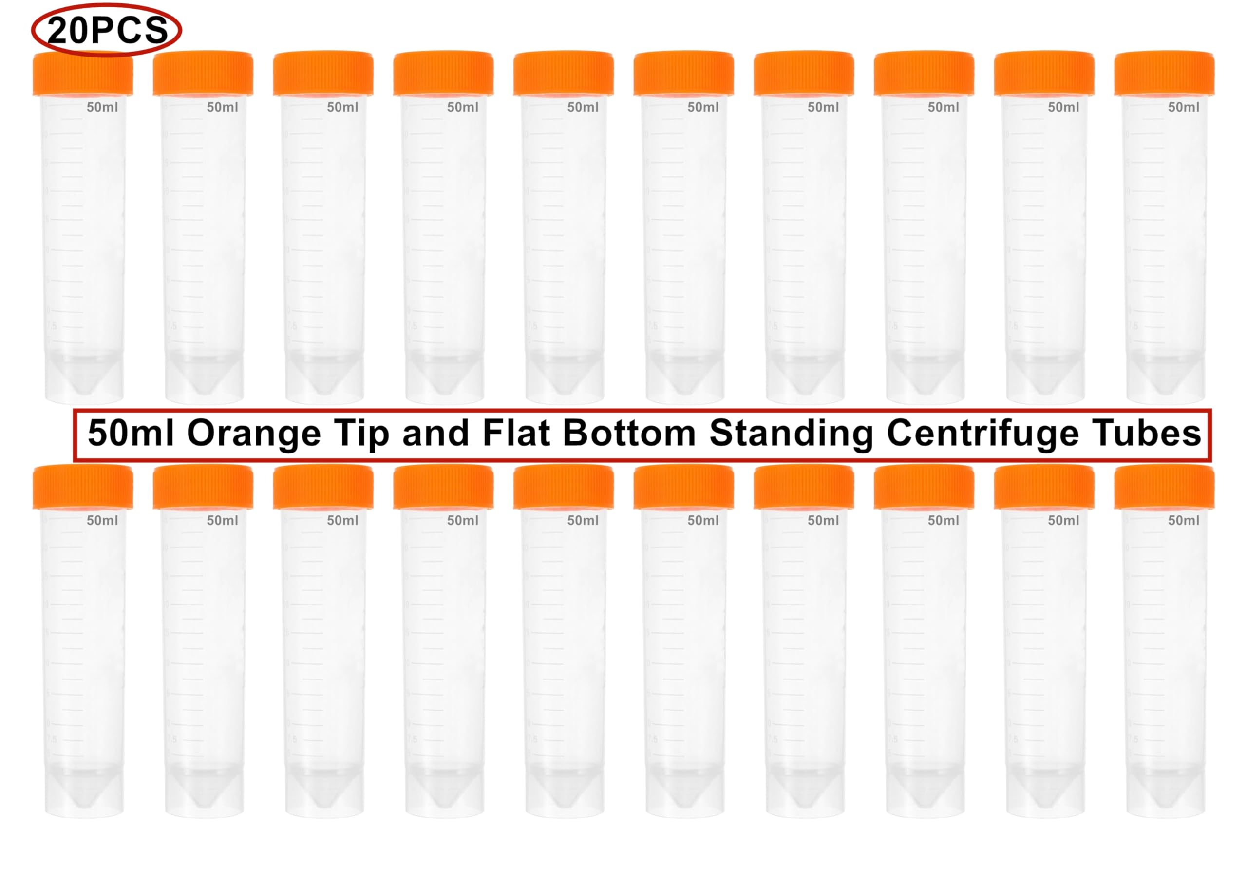 Tubo de ensayo de plástico 50 ml, transparente con tapa naranja, fondo cónico/plano, graduado para experimentos de química
